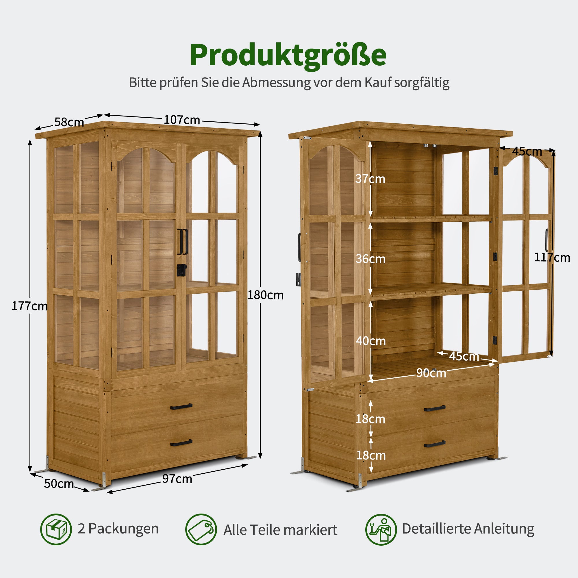 M MCombo Garden Cabinet Garden House Wooden Weatherproof, Tool Cabinet Outdoor Tool Shed for Outdoor Balcony Terrace, Garden Hut with 2 Movable Shelves, 58×107×180 cm, 1155 (Natural)