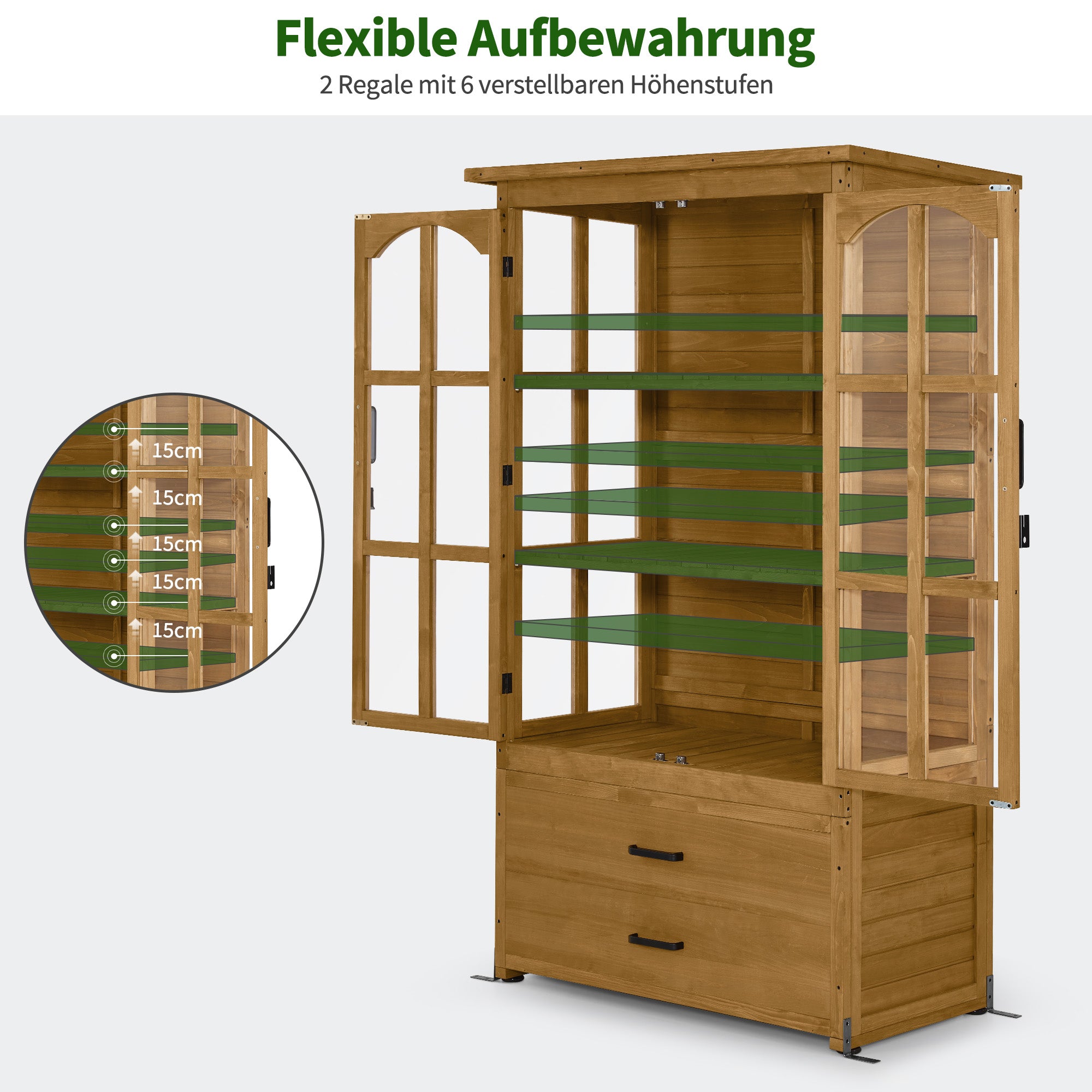 M MCombo Garden Cabinet Garden House Wooden Weatherproof, Tool Cabinet Outdoor Tool Shed for Outdoor Balcony Terrace, Garden Hut with 2 Movable Shelves, 58×107×180 cm, 1155 (Natural)