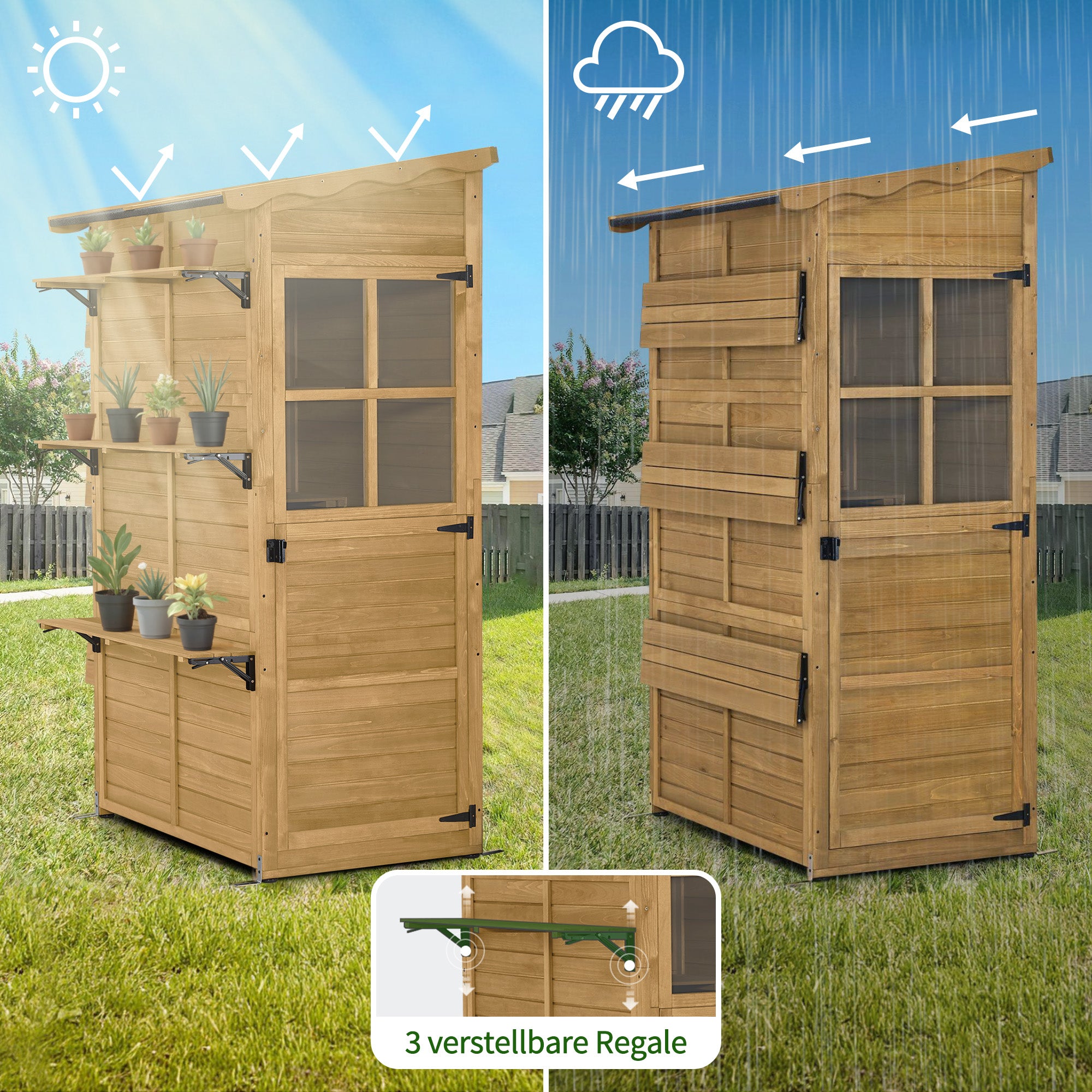 M MCombo Garden Cabinet Garden House Wooden Weatherproof, Outdoor Cabinet Weatherproof, Walk-in Tool Shed, for Outdoor Balcony & Terrace, Tool Shed with 3 Fixed Shelves, 120×86×201 cm, 1753 (Natural)