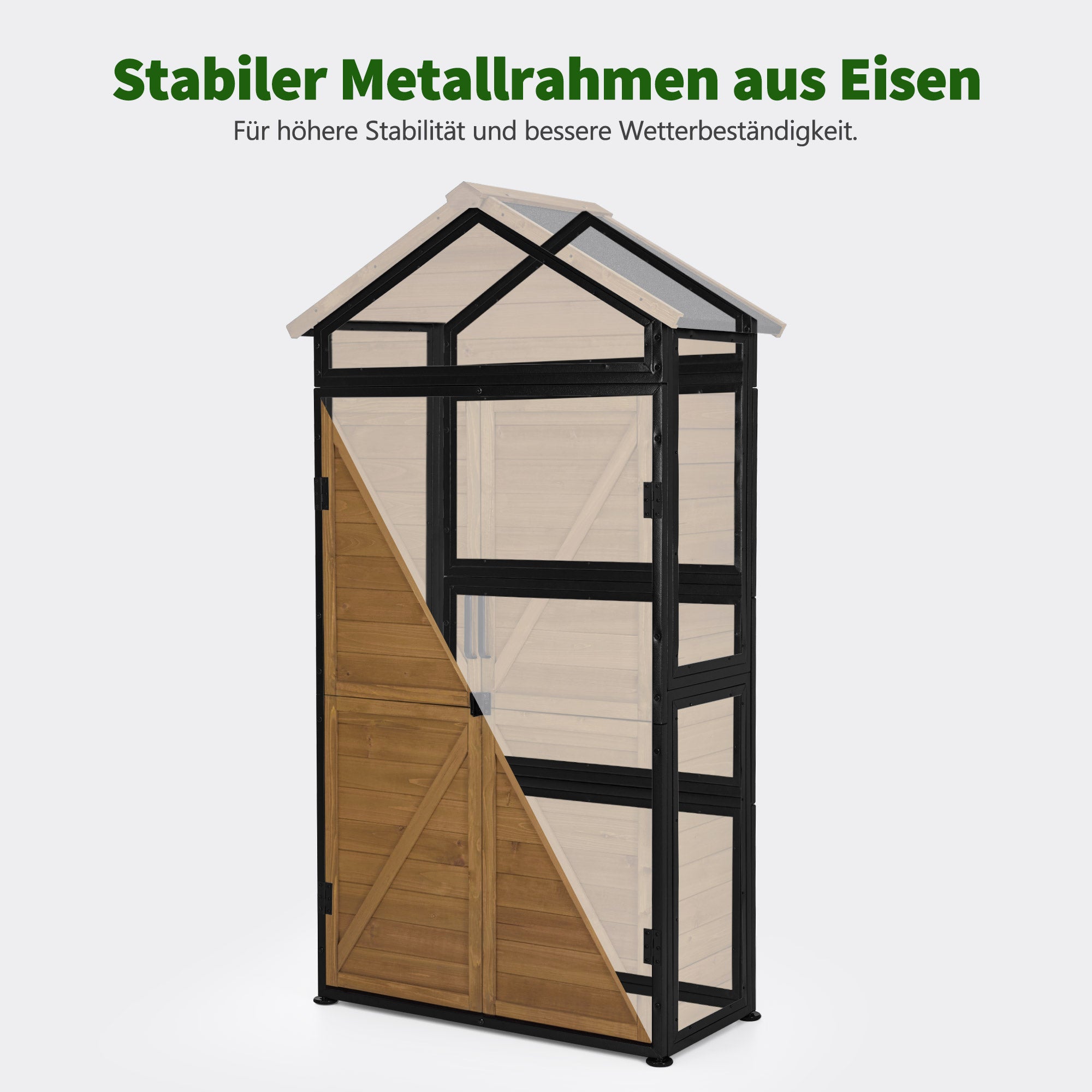 M MCombo Gartenschrank Gartenhaus Holz Metgallgestell Wetterfest, Gerätehaus Outdoor, für Außenbereich Garten Terrasse, Geräteschuppen mit 2 Bewegliche Regale, 45×90×165 cm, 2736