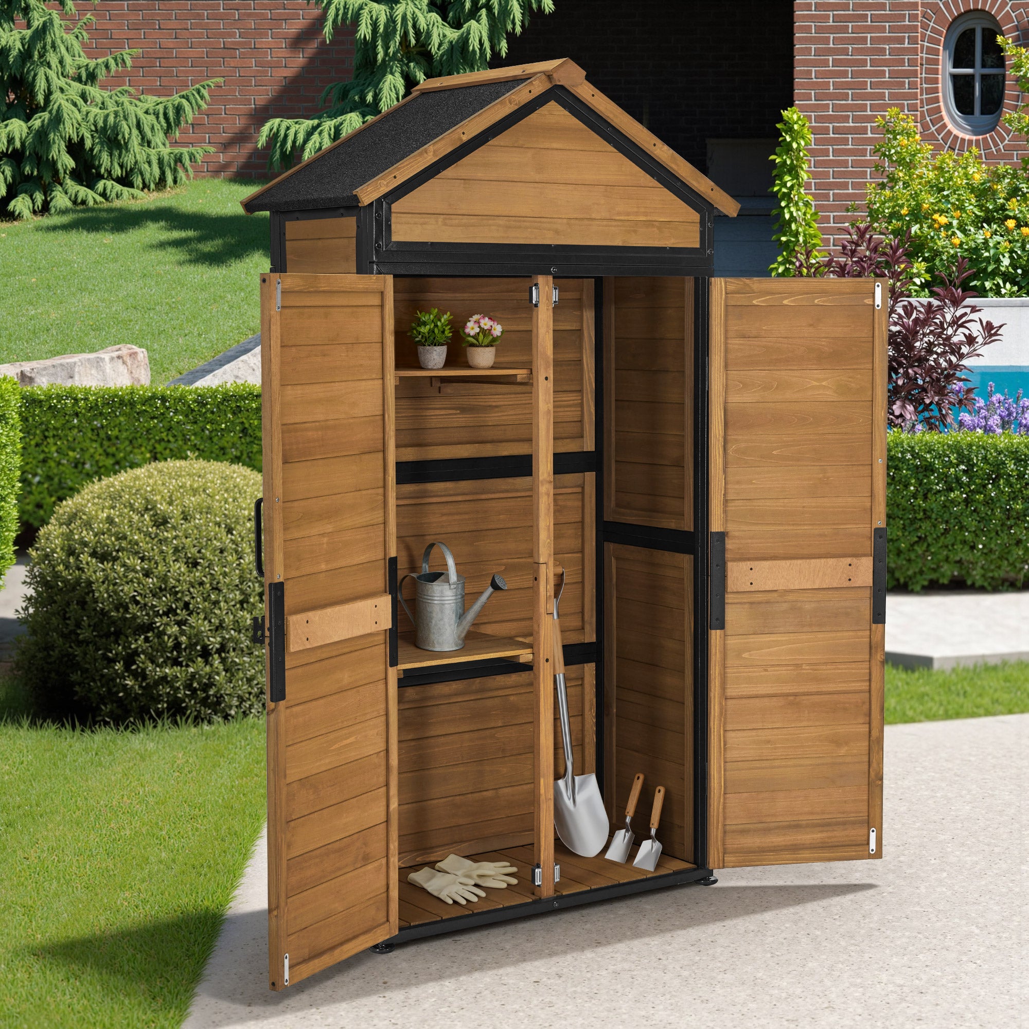 M MCombo Gartenschrank Gartenhaus Holz Metgallgestell Wetterfest, Gerätehaus Outdoor, für Außenbereich Garten Terrasse, Geräteschuppen mit 2 Bewegliche Regale, 45×90×165 cm, 2736