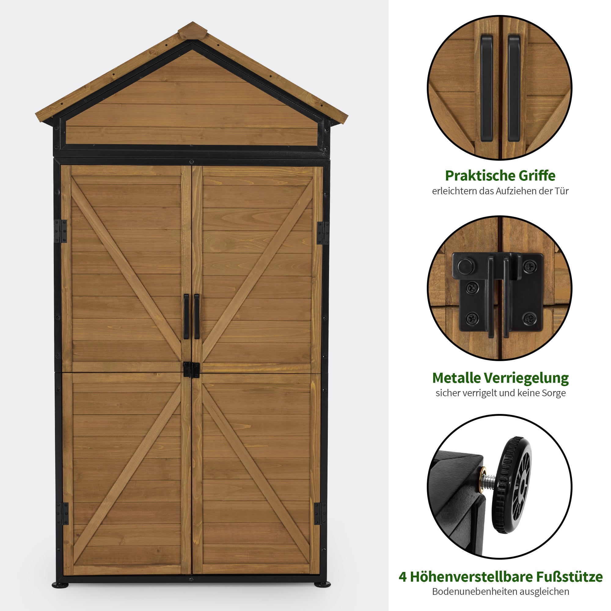 M MCombo Gartenschrank Gartenhaus Holz Metgallgestell Wetterfest, Gerätehaus Outdoor, für Außenbereich Garten Terrasse, Geräteschuppen mit 2 Bewegliche Regale, 45×90×165 cm, 2736