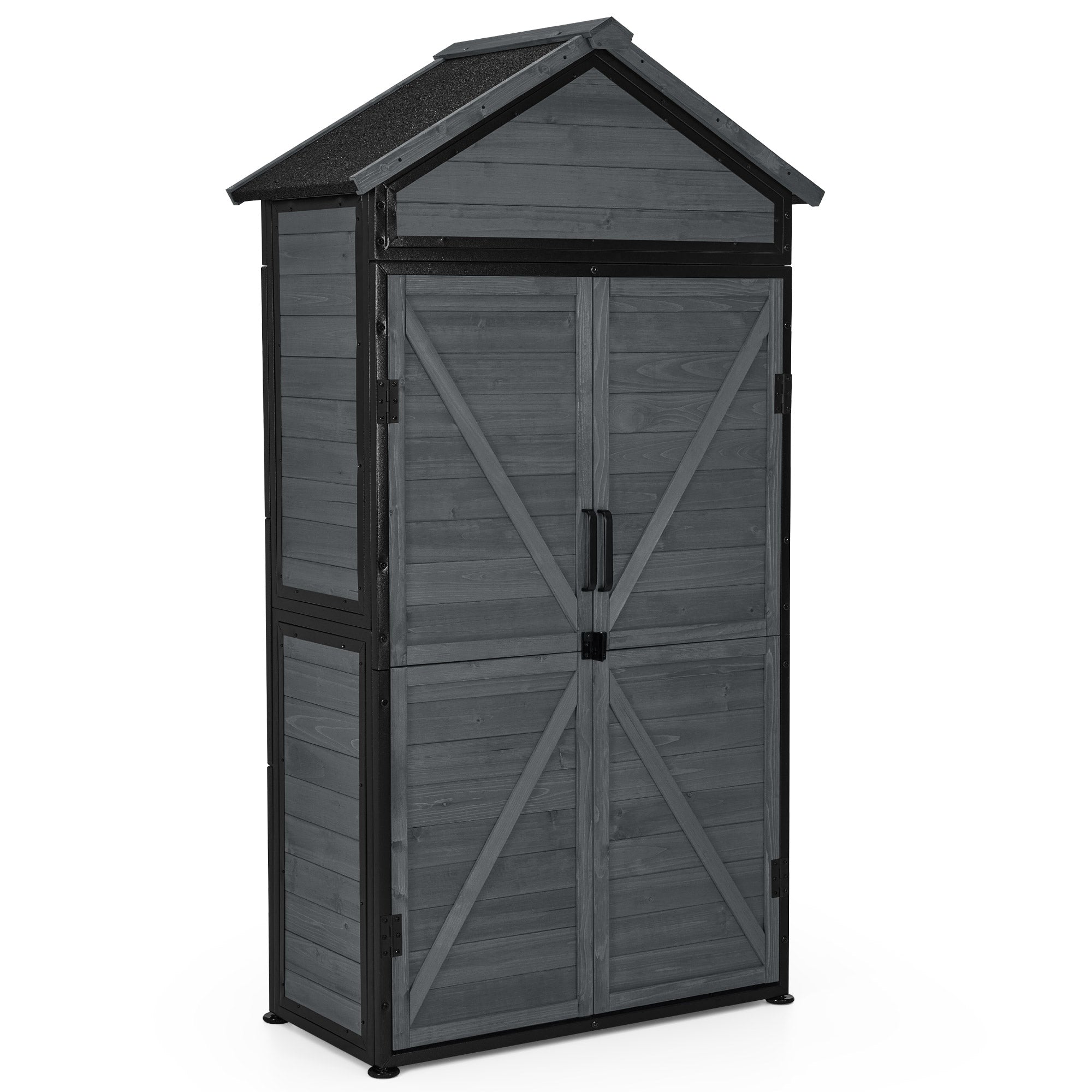 M MCombo Gartenschrank Gartenhaus Holz Metgallgestell Wetterfest, Gerätehaus Outdoor, für Außenbereich Garten Terrasse, Geräteschuppen mit 2 Bewegliche Regale, 45×90×165 cm, 2736