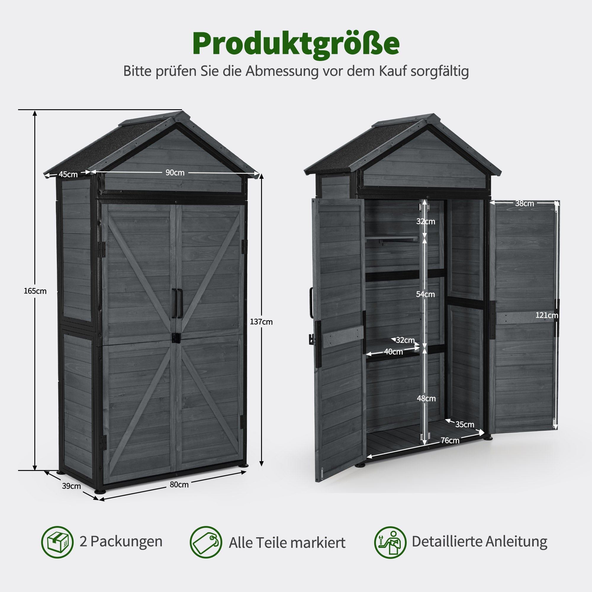 M MCombo Gartenschrank Gartenhaus Holz Metgallgestell Wetterfest, Gerätehaus Outdoor, für Außenbereich Garten Terrasse, Geräteschuppen mit 2 Bewegliche Regale, 45×90×165 cm, 2736