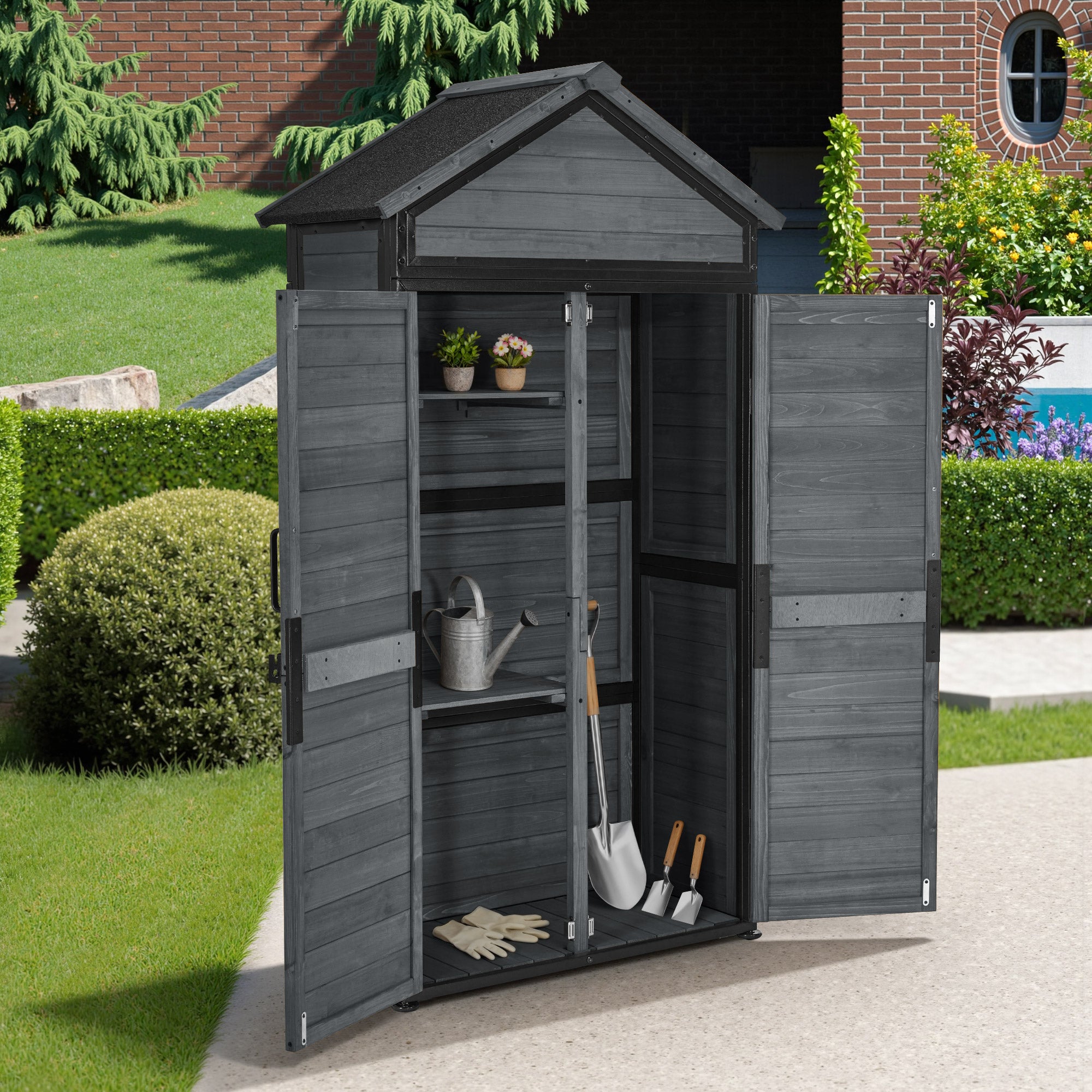 M MCombo Gartenschrank Gartenhaus Holz Metgallgestell Wetterfest, Gerätehaus Outdoor, für Außenbereich Garten Terrasse, Geräteschuppen mit 2 Bewegliche Regale, 45×90×165 cm, 2736