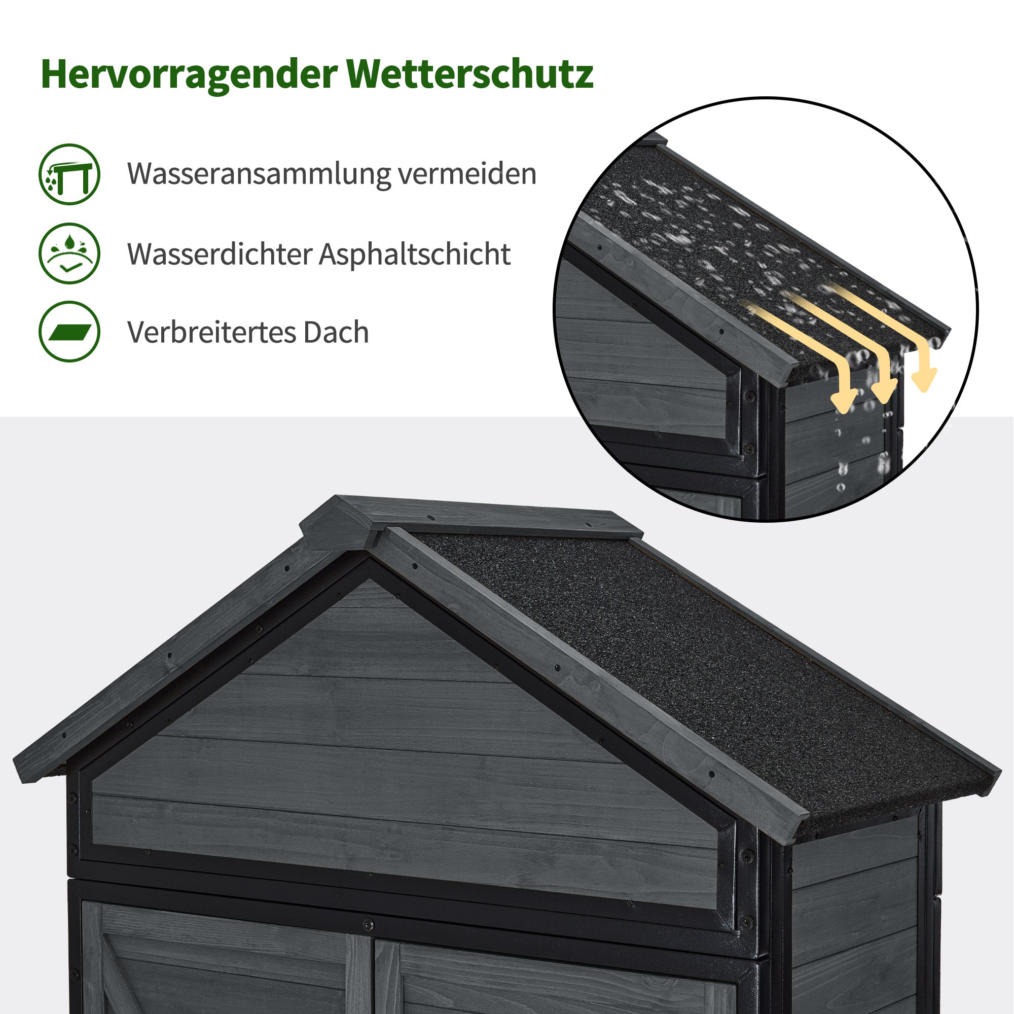 M MCombo Gartenschrank Gartenhaus Holz Metgallgestell Wetterfest, Gerätehaus Outdoor, für Außenbereich Garten Terrasse, Geräteschuppen mit 2 Bewegliche Regale, 45×90×165 cm, 2736