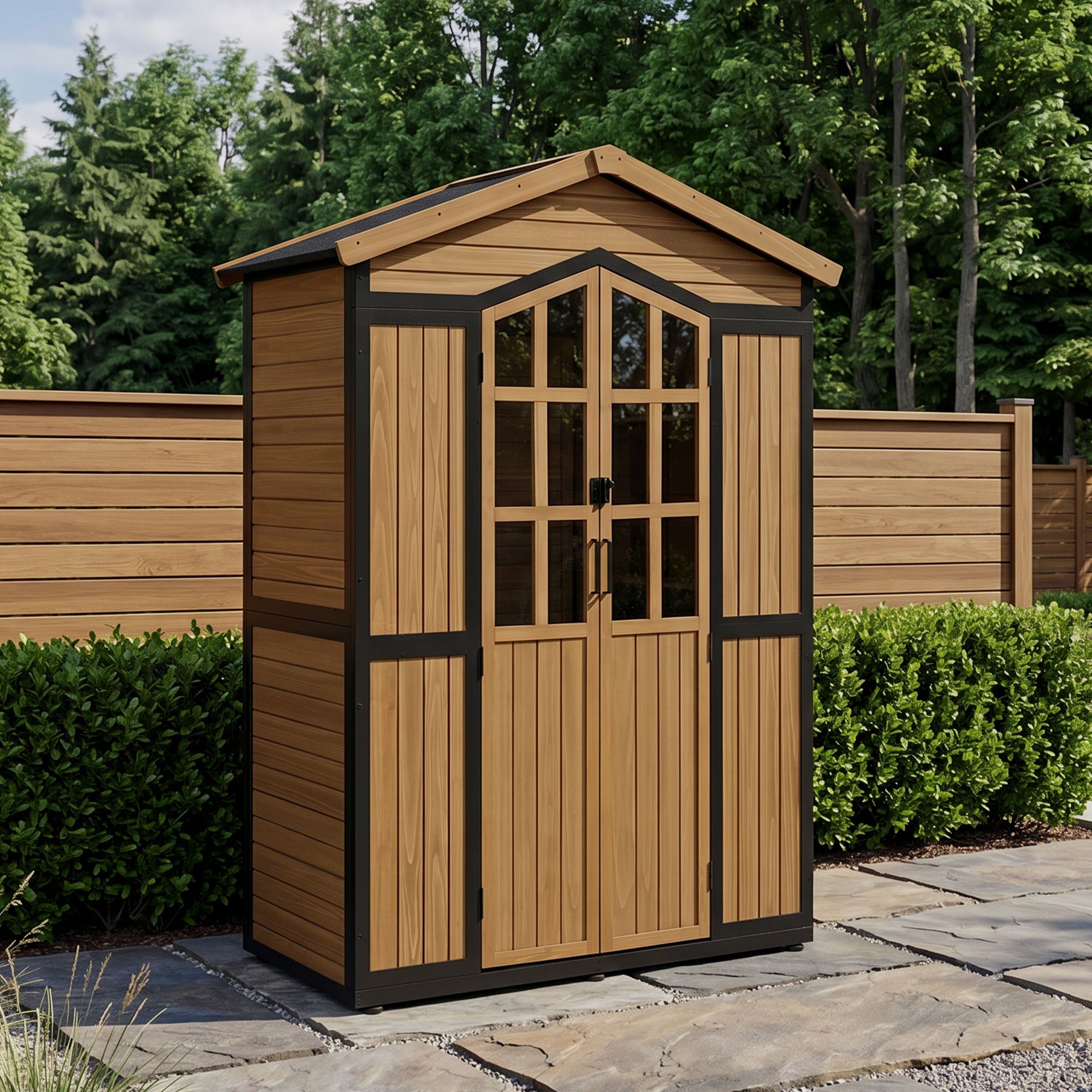 M MCombo Gartenschrank Holz Metgallgestell mit 6 Ablagen, Geräteschuppen Wetterfest, Gartenhaus Outdoor Wasserdicht, Aufbewahrungsschrank für Außenbereich, Garten & Terrasse, 2749 (Natur)