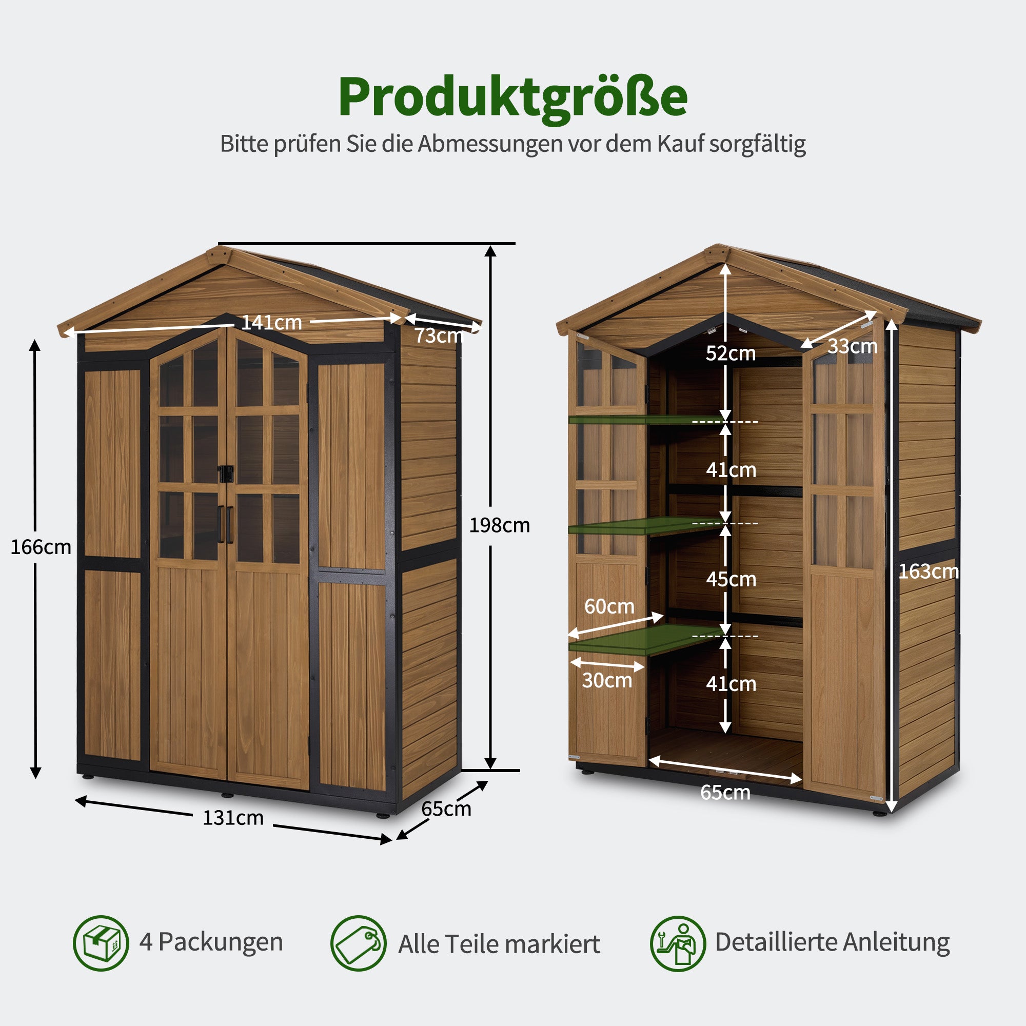 M MCombo Gartenschrank Holz Metgallgestell mit 6 Ablagen, Geräteschuppen Wetterfest, Gartenhaus Outdoor Wasserdicht, Aufbewahrungsschrank für Außenbereich, Garten & Terrasse, 2749 (Natur)