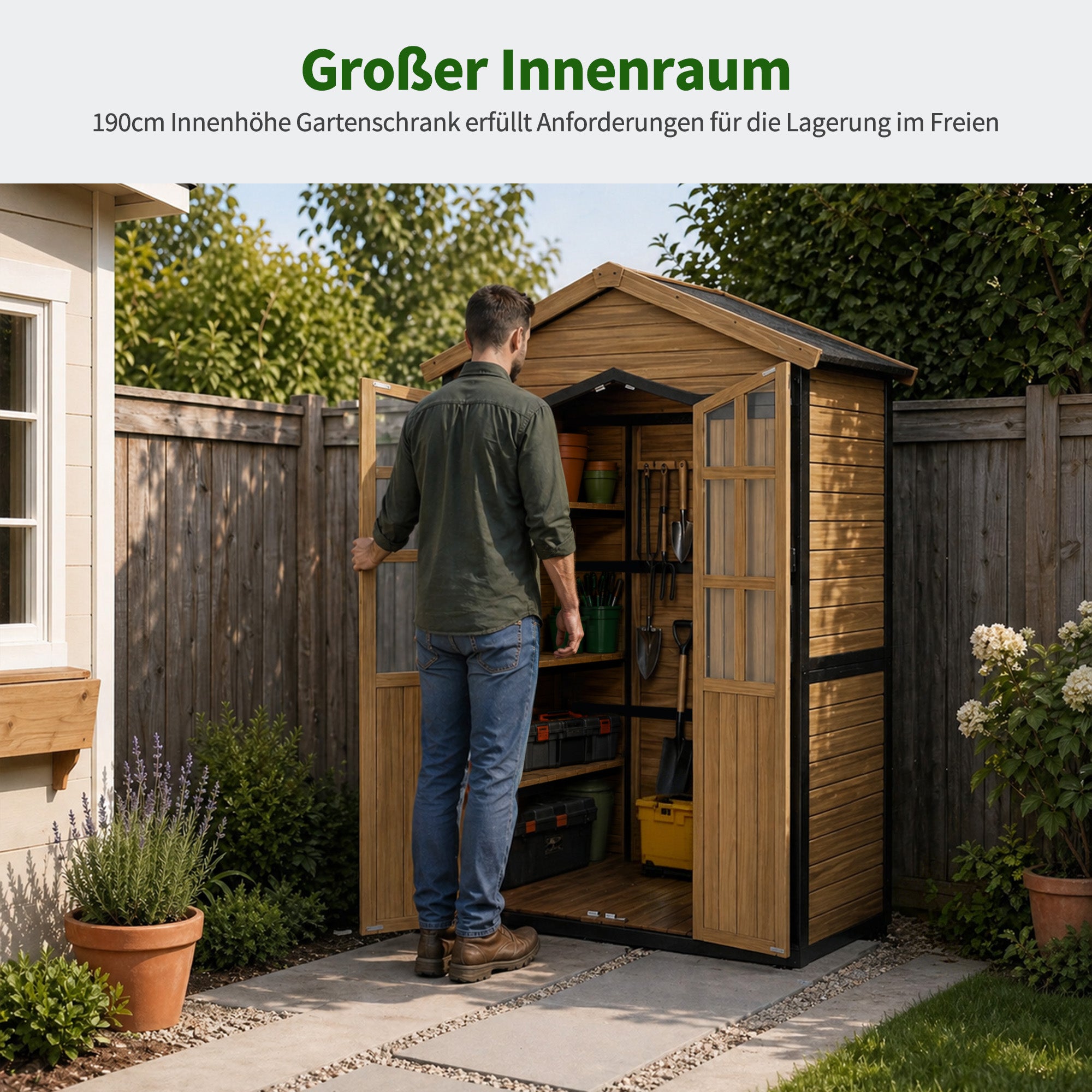 M MCombo Gartenschrank Holz Metgallgestell mit 6 Ablagen, Geräteschuppen Wetterfest, Gartenhaus Outdoor Wasserdicht, Aufbewahrungsschrank für Außenbereich, Garten & Terrasse, 2749 (Natur)
