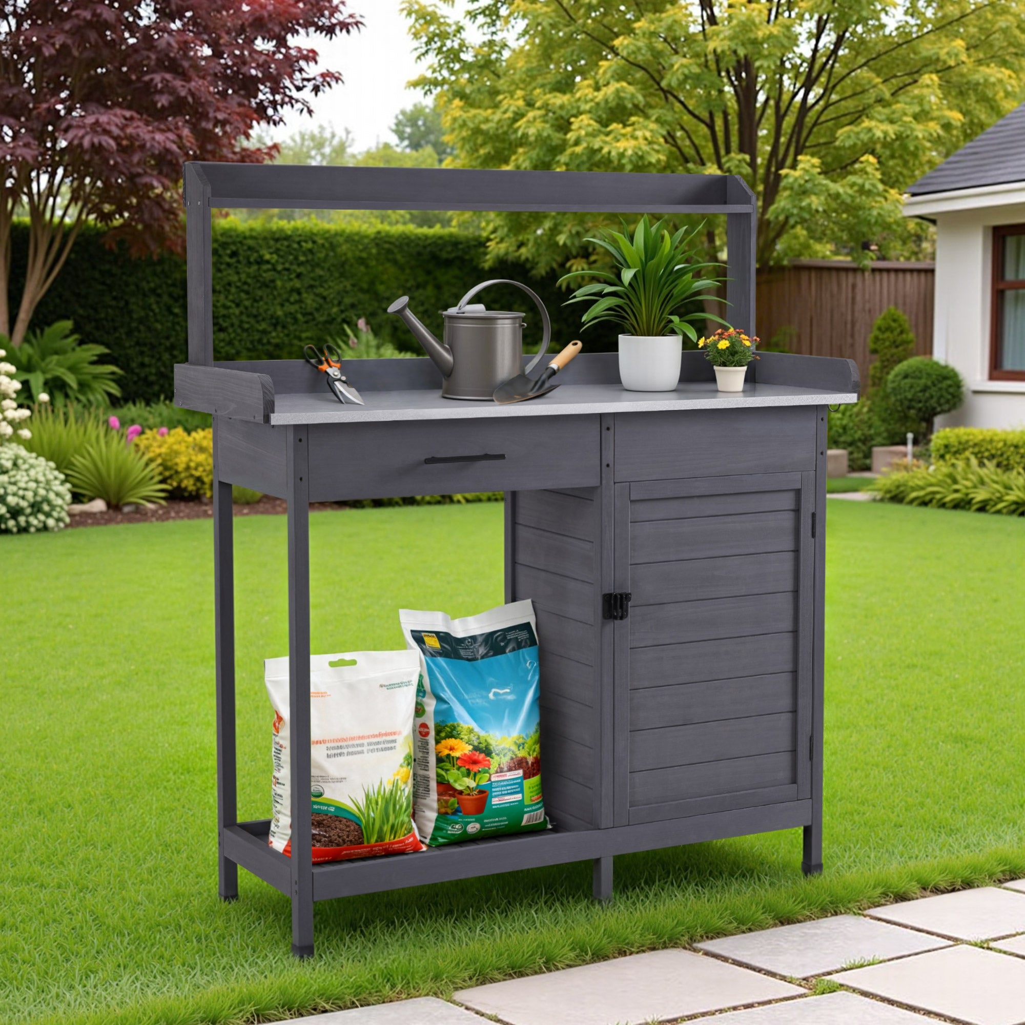 M MCombo Pflanztisch mit Schublade, Ablage, Verzinkter Arbeitsplatte & Schrank, Gärtnertisch Wetterfest mit 3 Haken, Blumentisch Massivholz für Garten, Balkon & Terrasse, 48 x112 x 126 cm, 0440