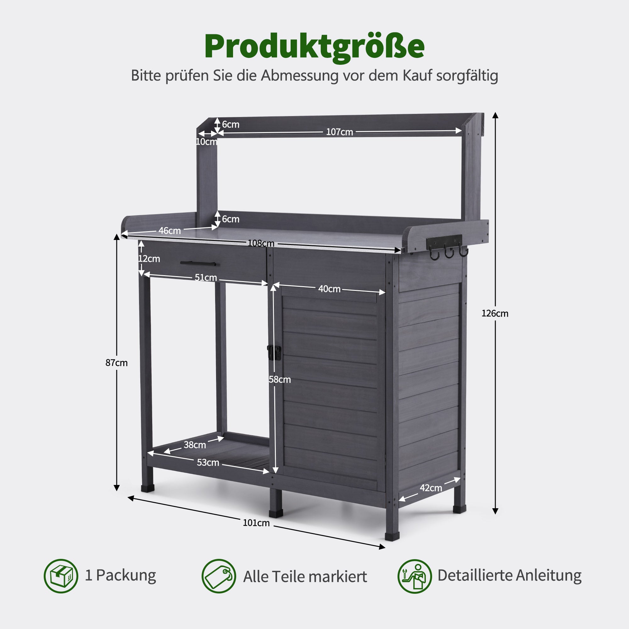 M MCombo Pflanztisch mit Schublade, Ablage, Verzinkter Arbeitsplatte & Schrank, Gärtnertisch Wetterfest mit 3 Haken, Blumentisch Massivholz für Garten, Balkon & Terrasse, 48 x112 x 126 cm, 0440