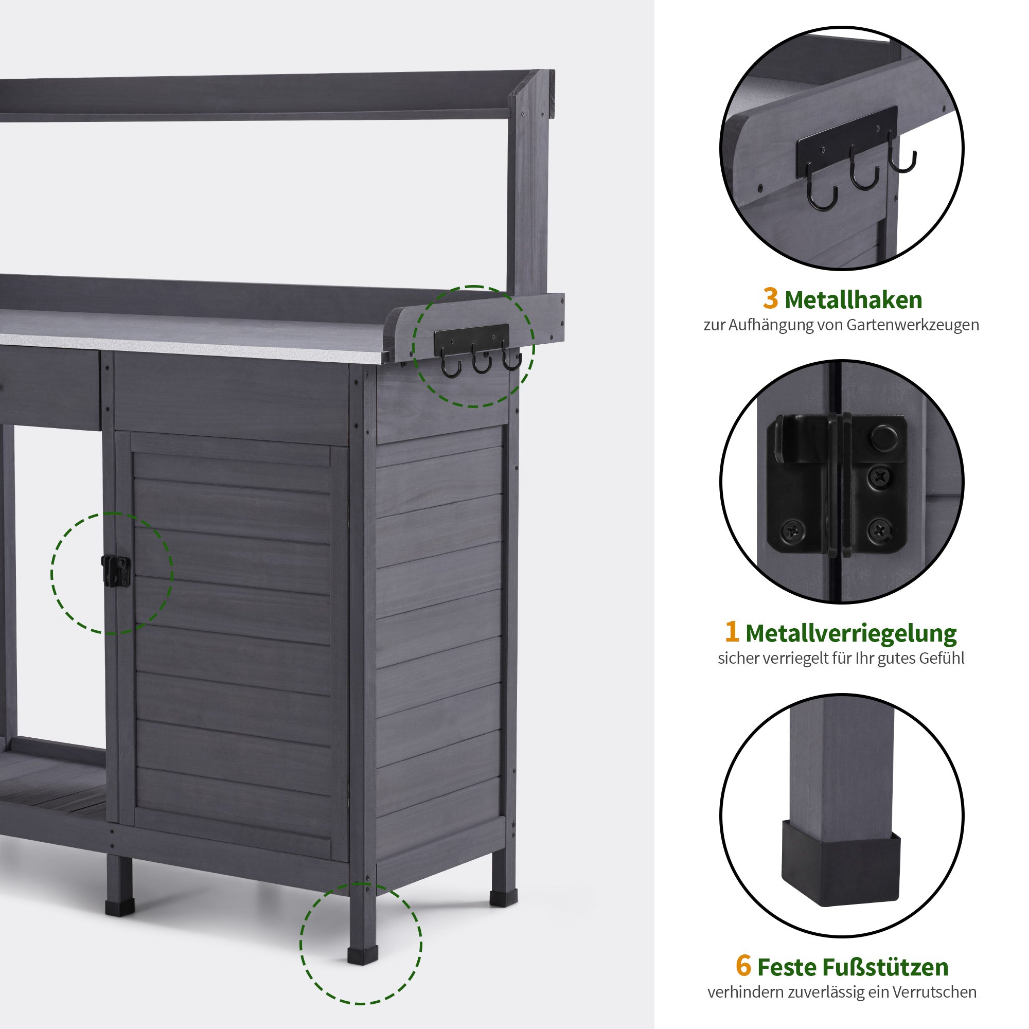 M MCombo Pflanztisch mit Schublade, Ablage, Verzinkter Arbeitsplatte & Schrank, Gärtnertisch Wetterfest mit 3 Haken, Blumentisch Massivholz für Garten, Balkon & Terrasse, 48 x112 x 126 cm, 0440