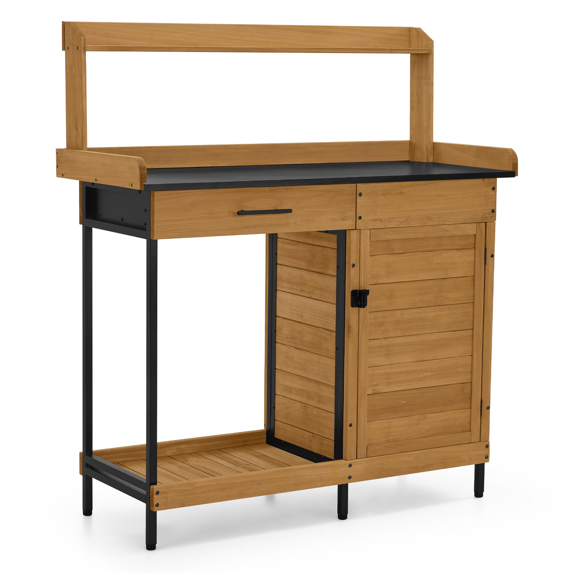 M MCombo Pflanztisch mit Schublade, Ablage, Verzinkter Arbeitsplatte & Schrank, Gärtnertisch Wetterfest mit 3 Haken, Blumentisch Massivholz für Garten, Balkon & Terrasse, 47 x 111 x 127 cm, 2049 (Natur)