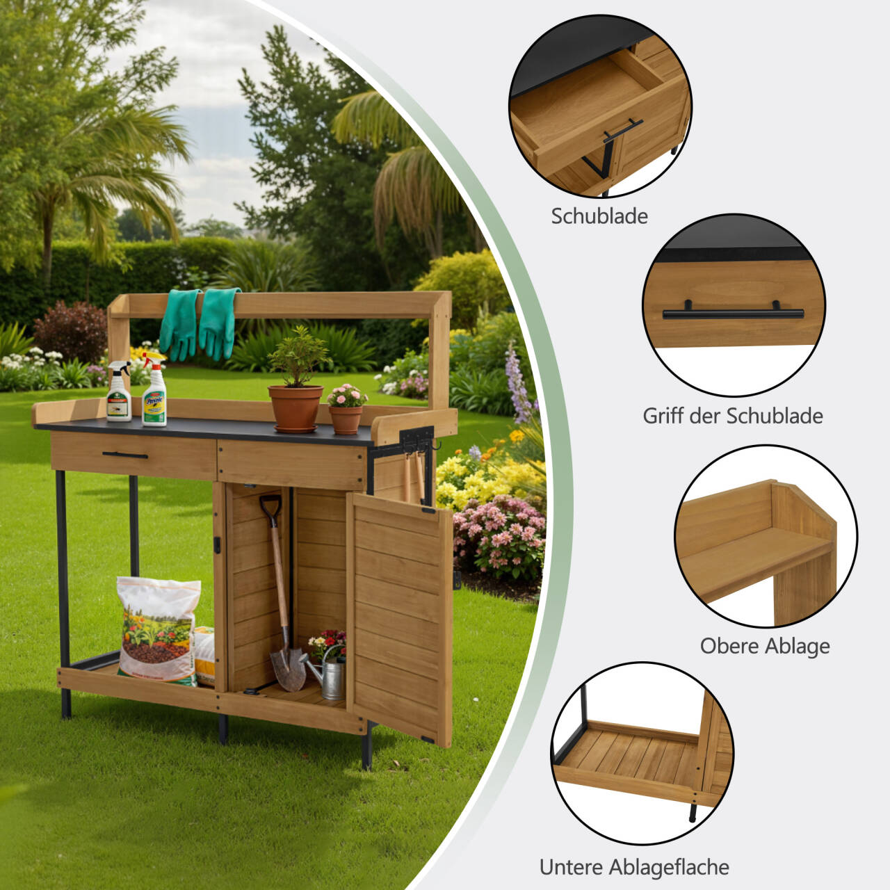 M MCombo Pflanztisch mit Schublade, Ablage, Verzinkter Arbeitsplatte & Schrank, Gärtnertisch Wetterfest mit 3 Haken, Blumentisch Massivholz für Garten, Balkon & Terrasse, 47 x 111 x 127 cm, 2049 (Natur)