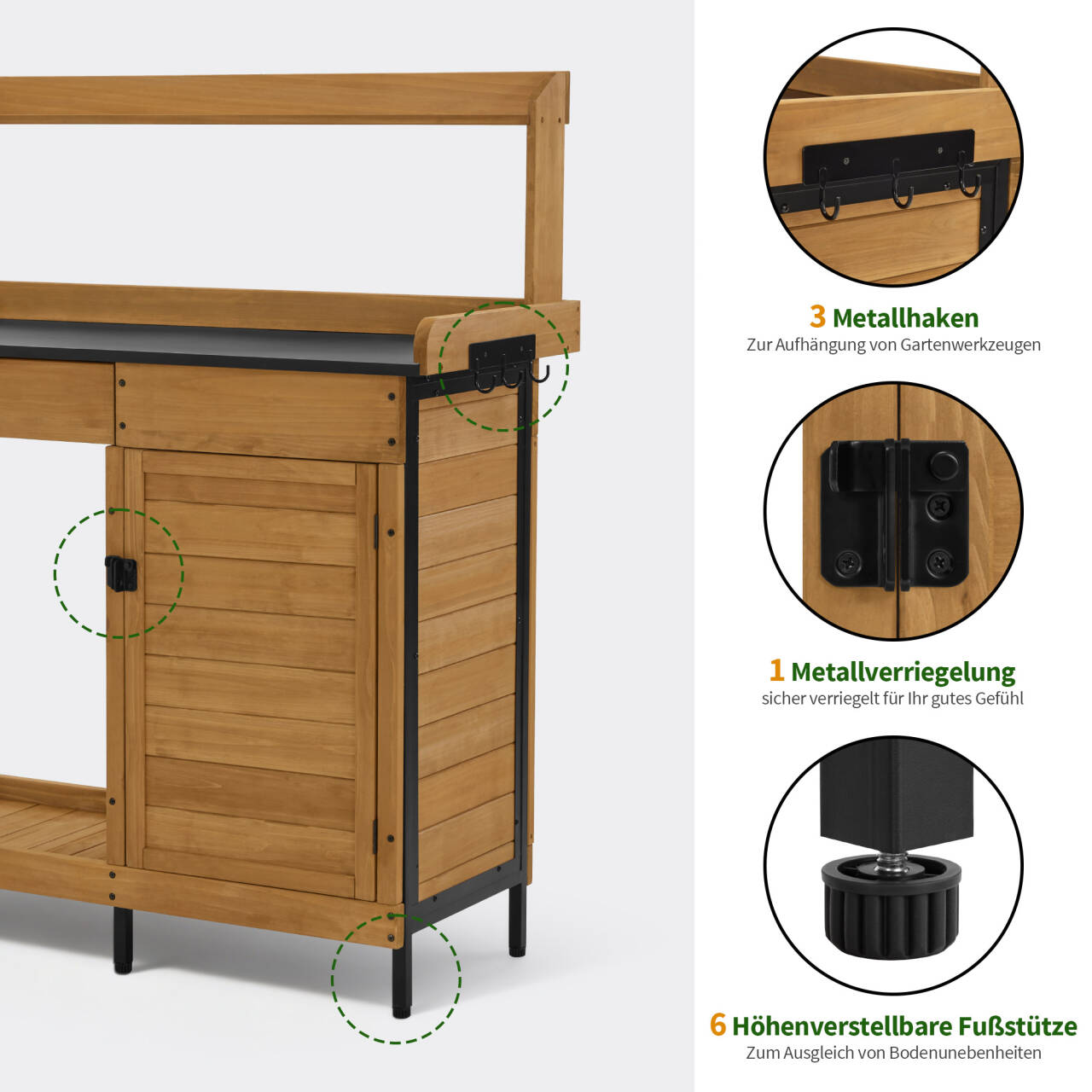 M MCombo Pflanztisch mit Schublade, Ablage, Verzinkter Arbeitsplatte & Schrank, Gärtnertisch Wetterfest mit 3 Haken, Blumentisch Massivholz für Garten, Balkon & Terrasse, 47 x 111 x 127 cm, 2049 (Natur)