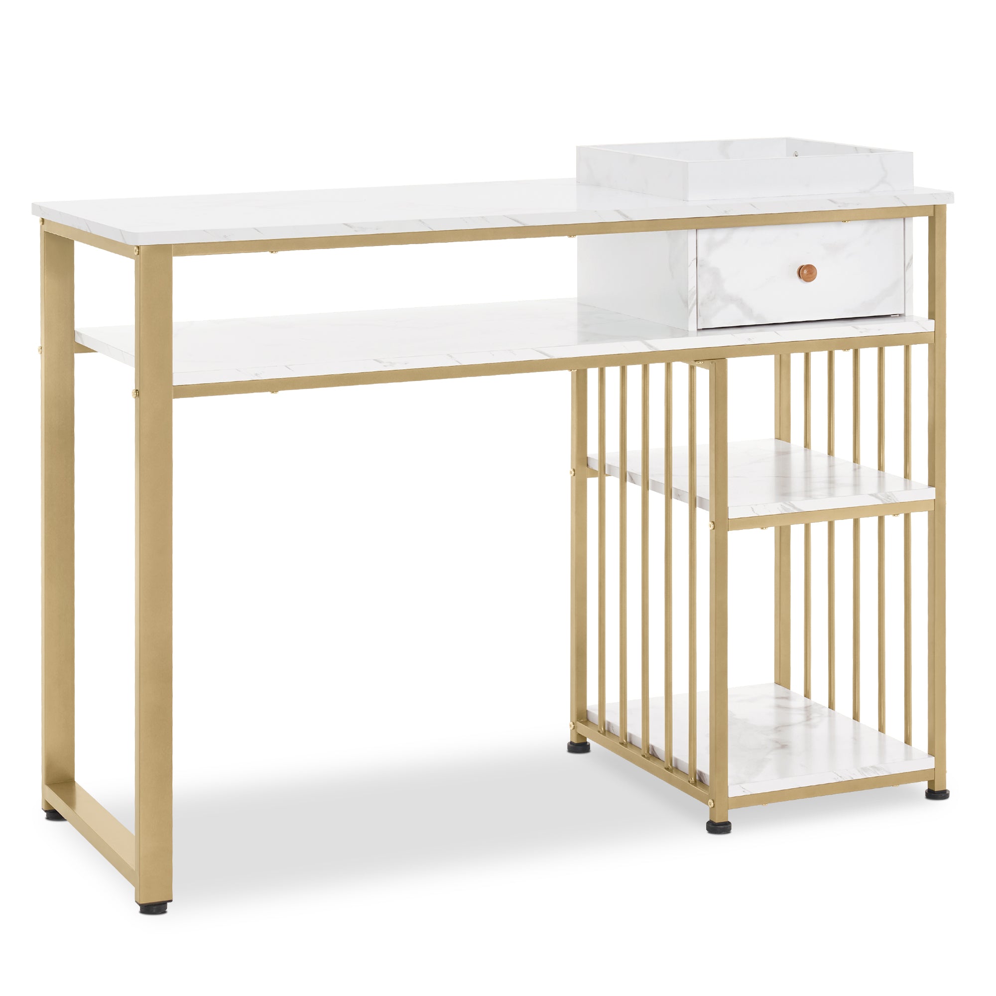 M MCombo Desk with Drawers, Nail Table with Shelf, Manicure Table Made of Wood with Metal Frame, Dressing Table without Mirror for Modern Living Room, Marble White Gold, 45 x 110 x 80.5 cm, 2498