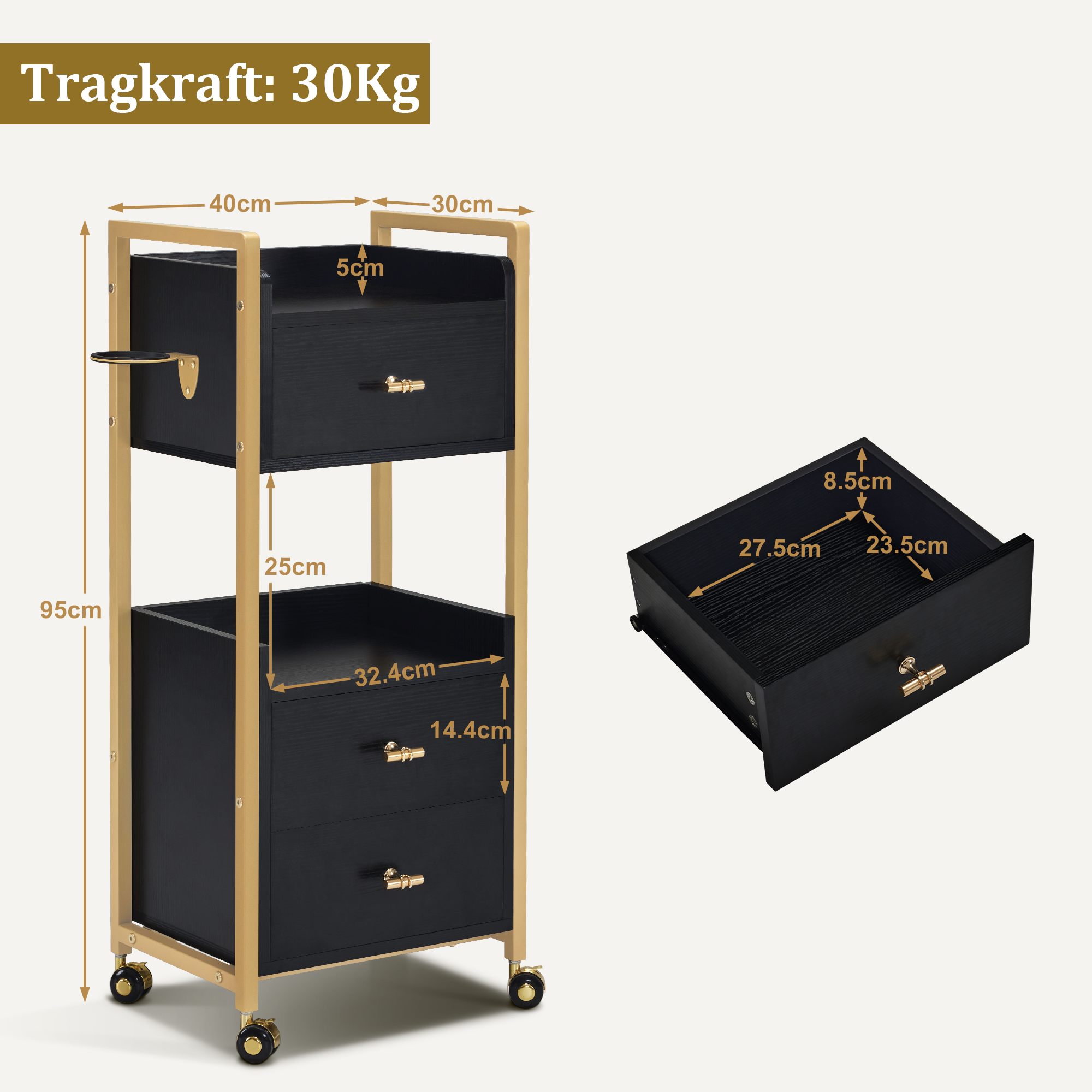 M MCombo Serving Cart with Wheels & 3 Drawers, Hairdressing Trolley, Salon Trolley with 2 Shelves & Hairdryer Holder, Modern Work Cart for Bathroom Living Room, 30x40x95cm, 0022