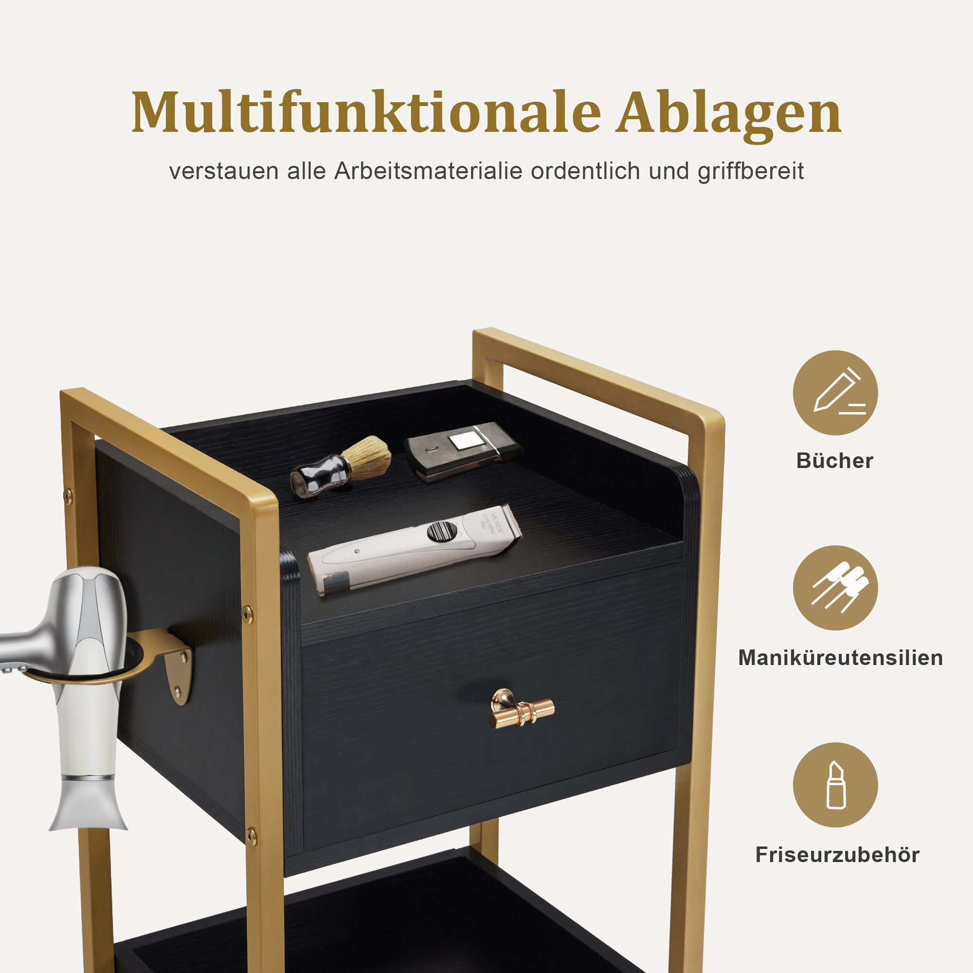 M MCombo Serving Cart with Wheels & 3 Drawers, Hairdressing Trolley, Salon Trolley with 2 Shelves & Hairdryer Holder, Modern Work Cart for Bathroom Living Room, 30x40x95cm, 0022