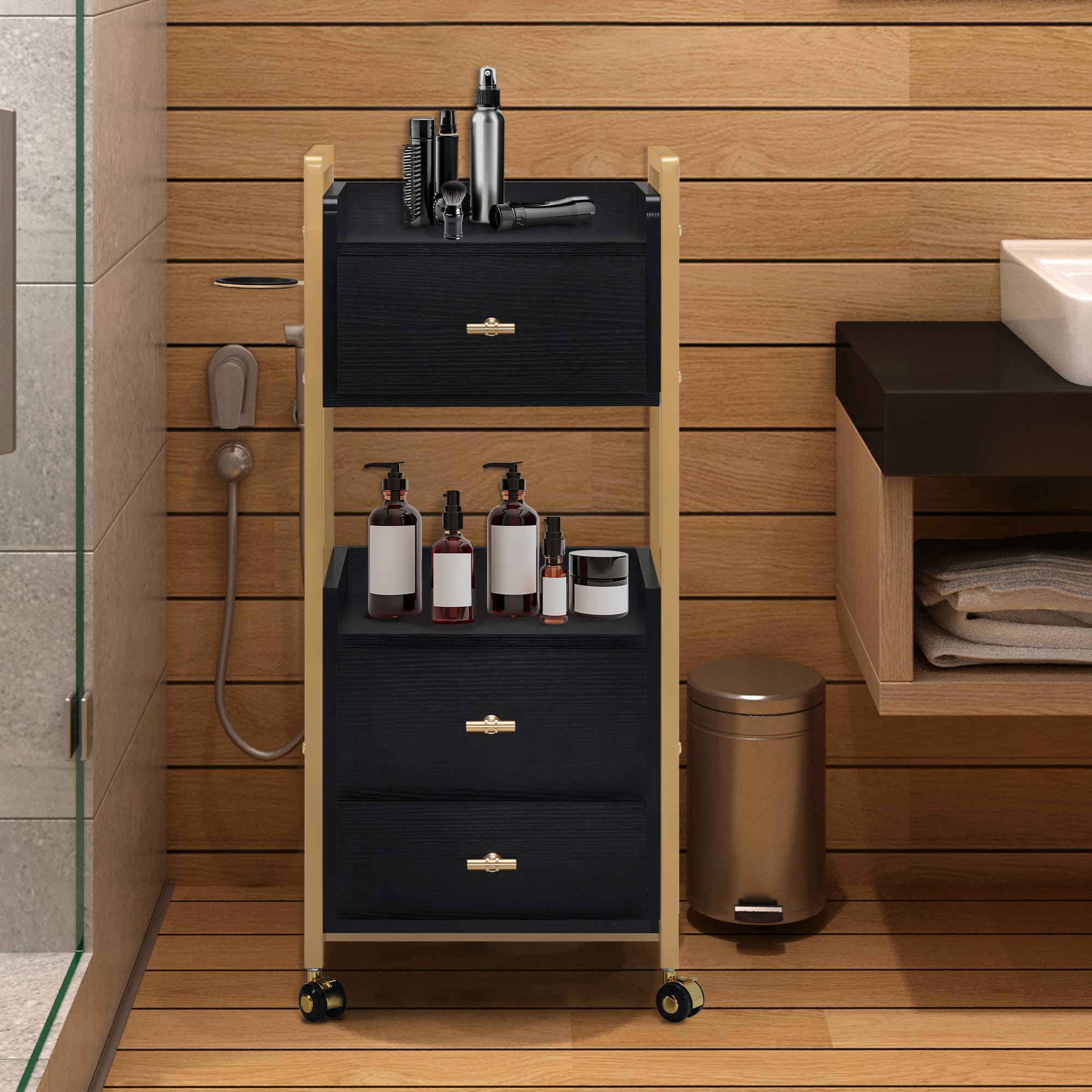 M MCombo Serving Cart with Wheels & 3 Drawers, Hairdressing Trolley, Salon Trolley with 2 Shelves & Hairdryer Holder, Modern Work Cart for Bathroom Living Room, 30x40x95cm, 0022