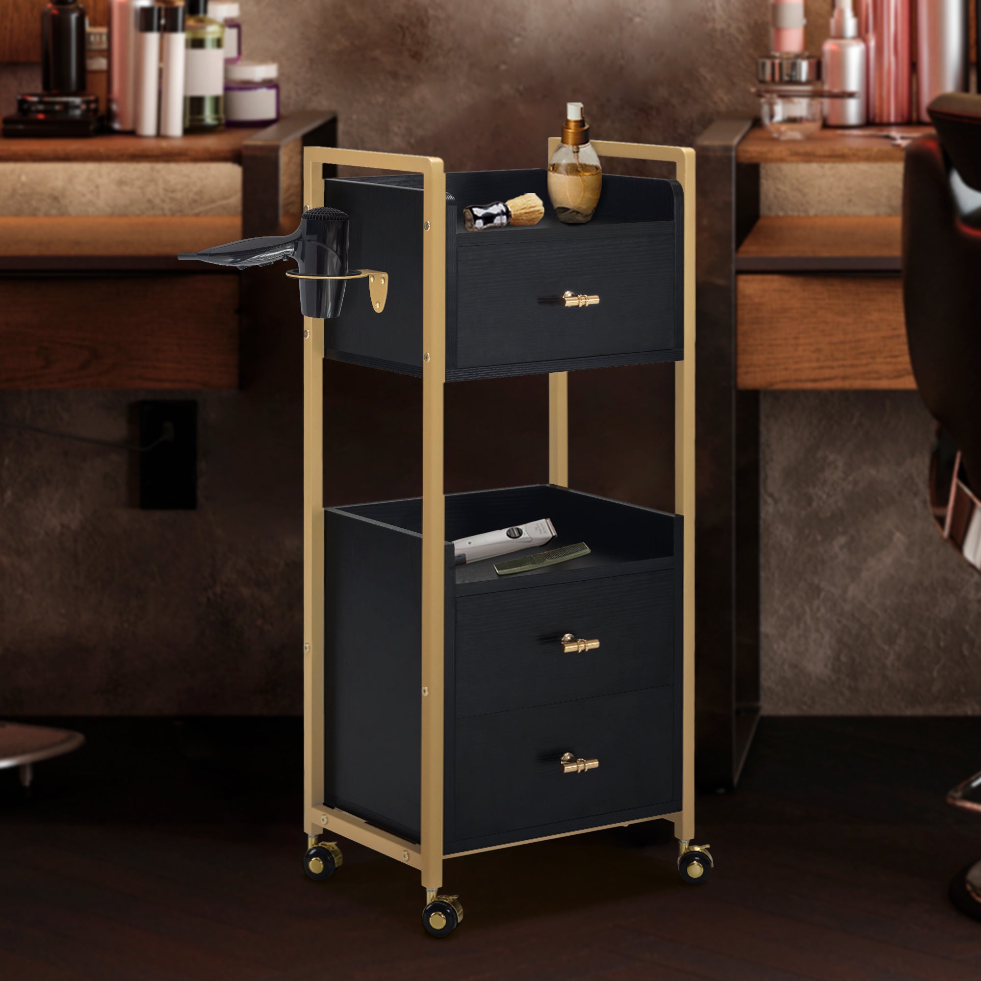 M MCombo Serving Cart with Wheels & 3 Drawers, Hairdressing Trolley, Salon Trolley with 2 Shelves & Hairdryer Holder, Modern Work Cart for Bathroom Living Room, 30x40x95cm, 0022