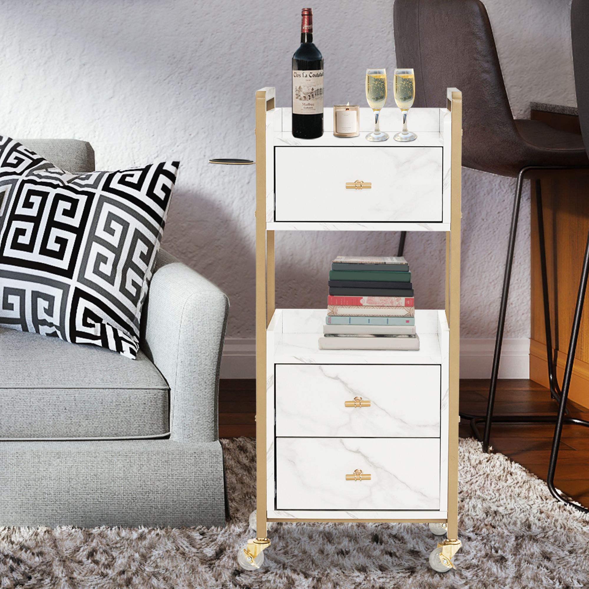 M MCombo Serving Cart with Wheels & 3 Drawers, Hairdressing Trolley, Salon Trolley with 2 Shelves & Hairdryer Holder, Modern Work Cart for Bathroom Living Room, 30x40x95cm, 0022