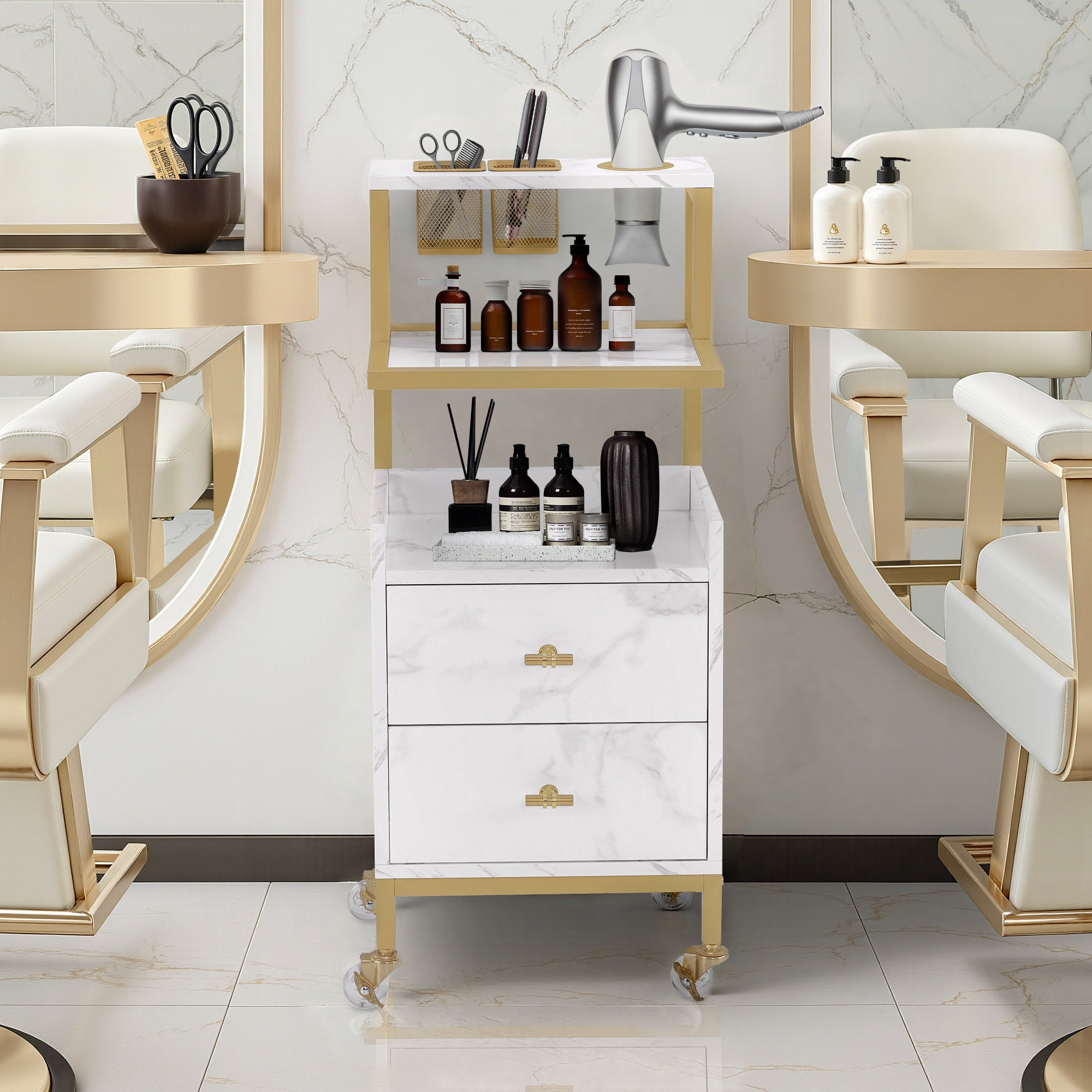 M MCombo trolley with wheels & 2 drawers, serving trolley, with 2 shelves, modern work trolley for bathroom and living room, 32 x 37 x 87 cm, 0029