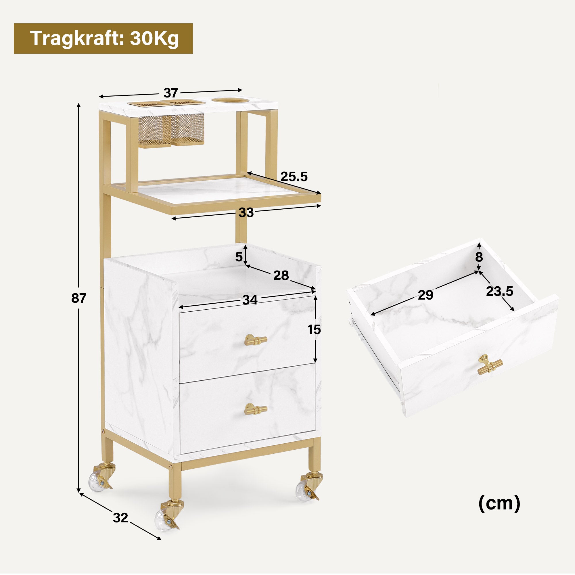 M MCombo trolley with wheels & 2 drawers, serving trolley, with 2 shelves, modern work trolley for bathroom and living room, 32 x 37 x 87 cm, 0029