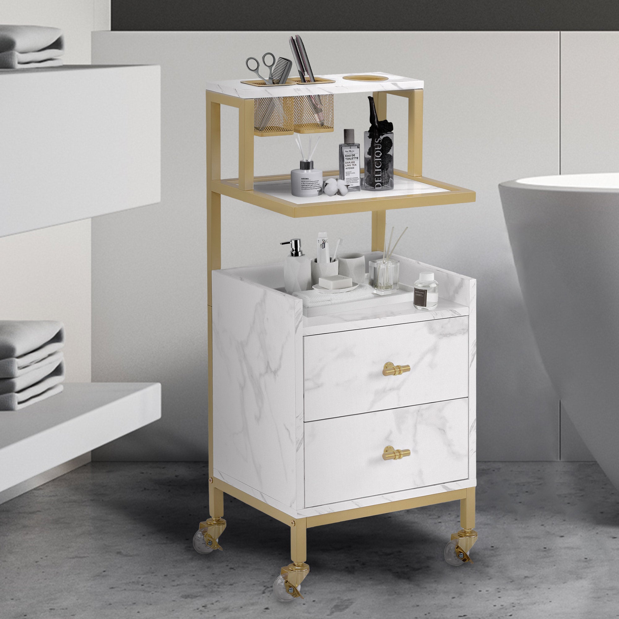 M MCombo trolley with wheels & 2 drawers, serving trolley, with 2 shelves, modern work trolley for bathroom and living room, 32 x 37 x 87 cm, 0029