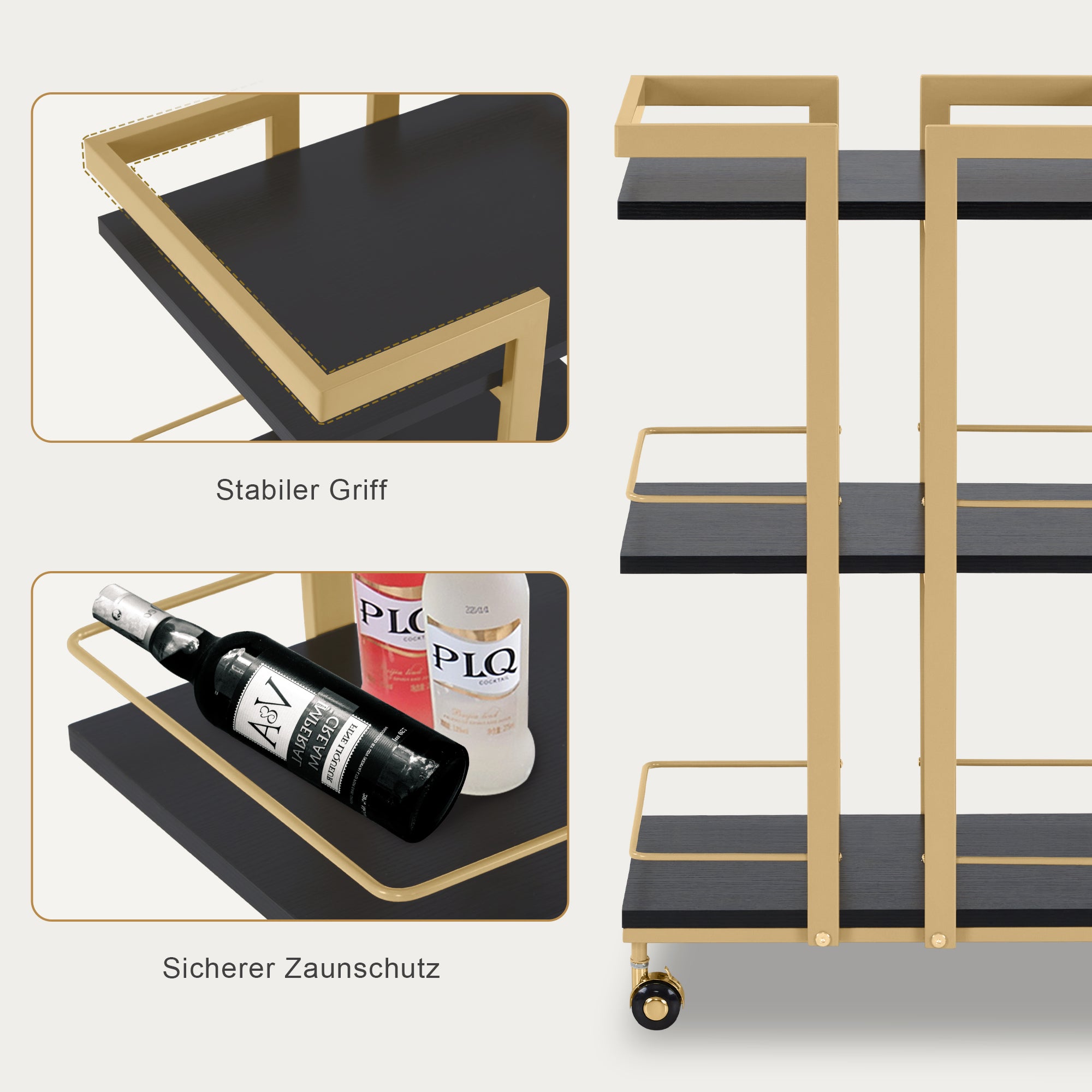 M MCombo Servierwagen mit Rollen, Küchenwagen Barwagen Metallgestell, Moderne Rollwagen Mehrzweckwagen mit 3 Ebenen, für Küche Bad Wohnzimmer Büro, 33*43*75cm, 0033
