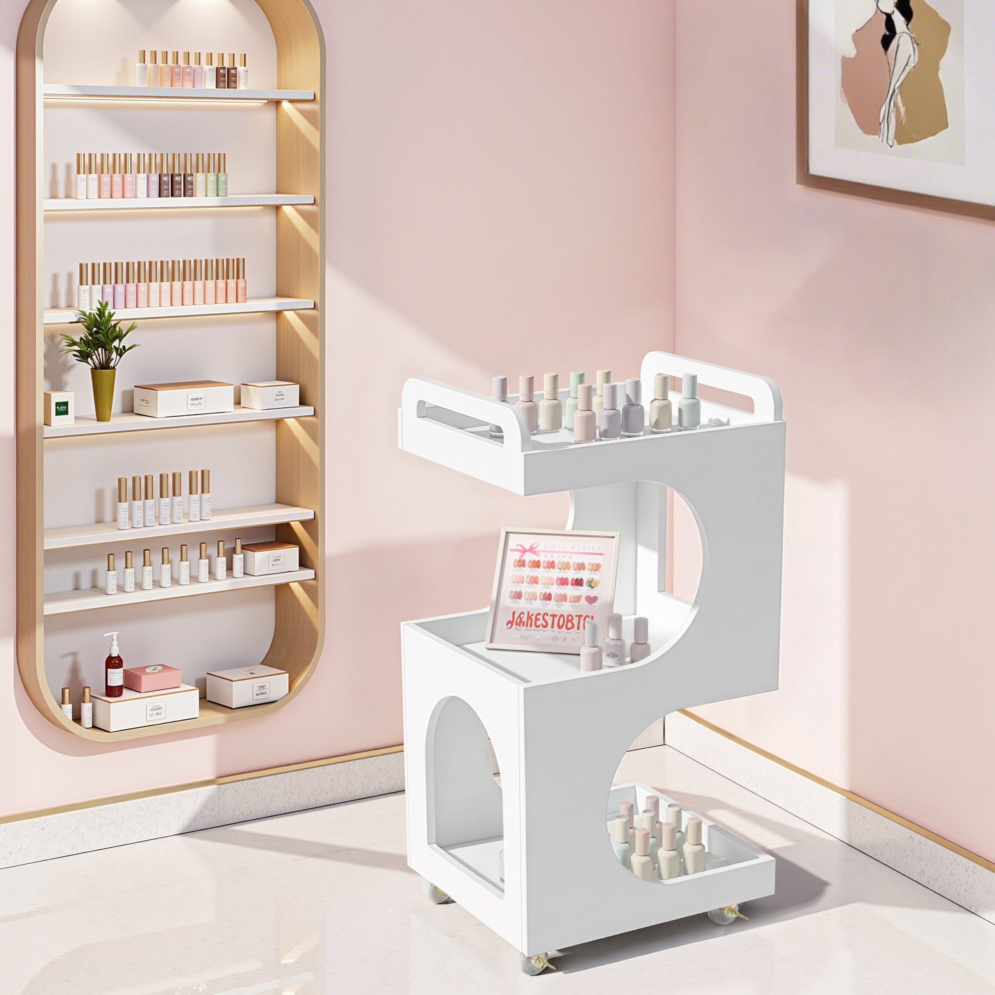 M MCombo Servierwagen mit Rollen, Rollwagen Friseurwagen Weiß, Badwagen Küchenwagen, Salon Trolley mit 3 Ablagen, Moderner Mehrzweckwagen für Schönheitssalon Bad Wohnzimmer, 44,5x40x87cm, 0045