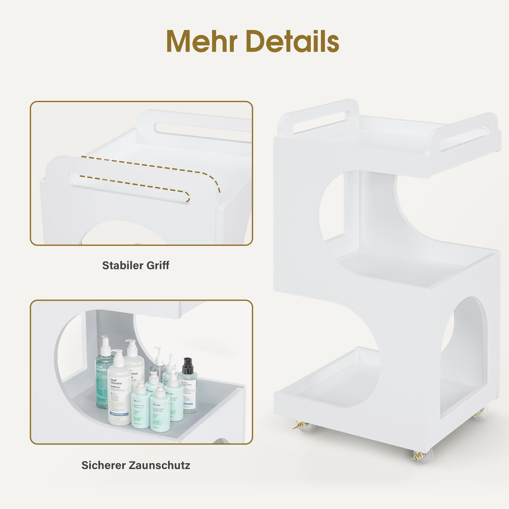 M MCombo Servierwagen mit Rollen, Rollwagen Friseurwagen Weiß, Badwagen Küchenwagen, Salon Trolley mit 3 Ablagen, Moderner Mehrzweckwagen für Schönheitssalon Bad Wohnzimmer, 44,5x40x87cm, 0045