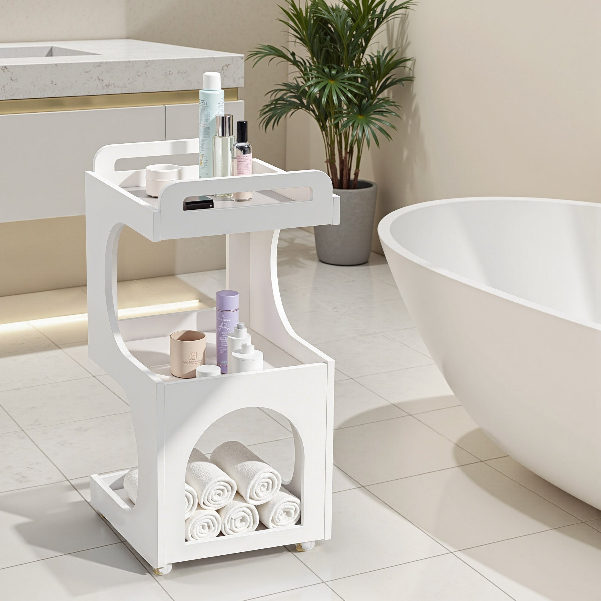 M MCombo Servierwagen mit Rollen, Rollwagen Friseurwagen Weiß, Badwagen Küchenwagen, Salon Trolley mit 3 Ablagen, Moderner Mehrzweckwagen für Schönheitssalon Bad Wohnzimmer, 44,5x40x87cm, 0045