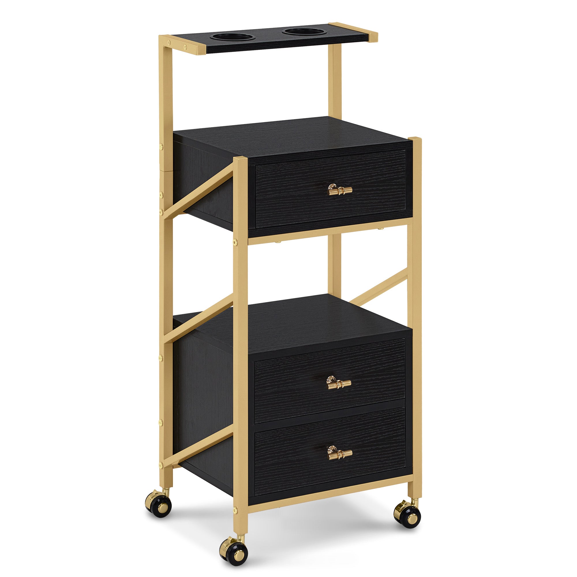 M MCombo Hairdressing Cart with Wheels & 3 Drawers, Rolling Serving Cart White-Gold, Salon Trolley with 2 Shelves & 2 Hairdryer Holders, Modern Work Cart for Bathroom Living Room, 30x40x97cm, 0048