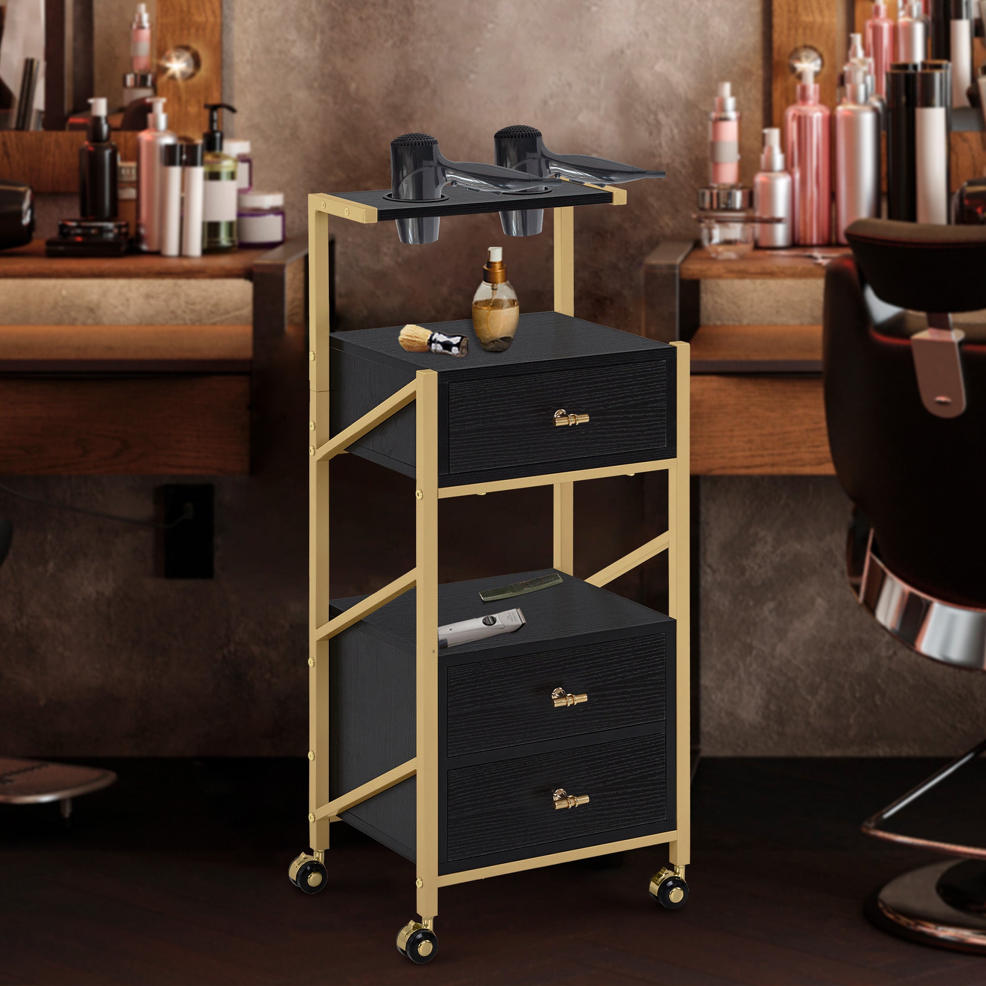 M MCombo Hairdressing Cart with Wheels & 3 Drawers, Rolling Serving Cart White-Gold, Salon Trolley with 2 Shelves & 2 Hairdryer Holders, Modern Work Cart for Bathroom Living Room, 30x40x97cm, 0048