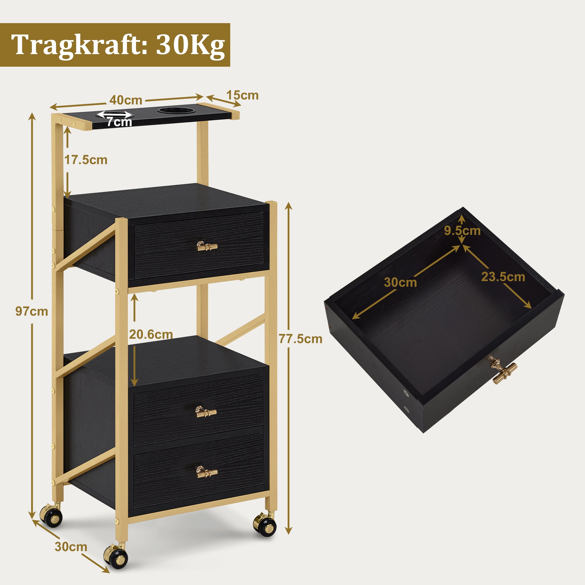 M MCombo Hairdressing Cart with Wheels & 3 Drawers, Rolling Serving Cart White-Gold, Salon Trolley with 2 Shelves & 2 Hairdryer Holders, Modern Work Cart for Bathroom Living Room, 30x40x97cm, 0048