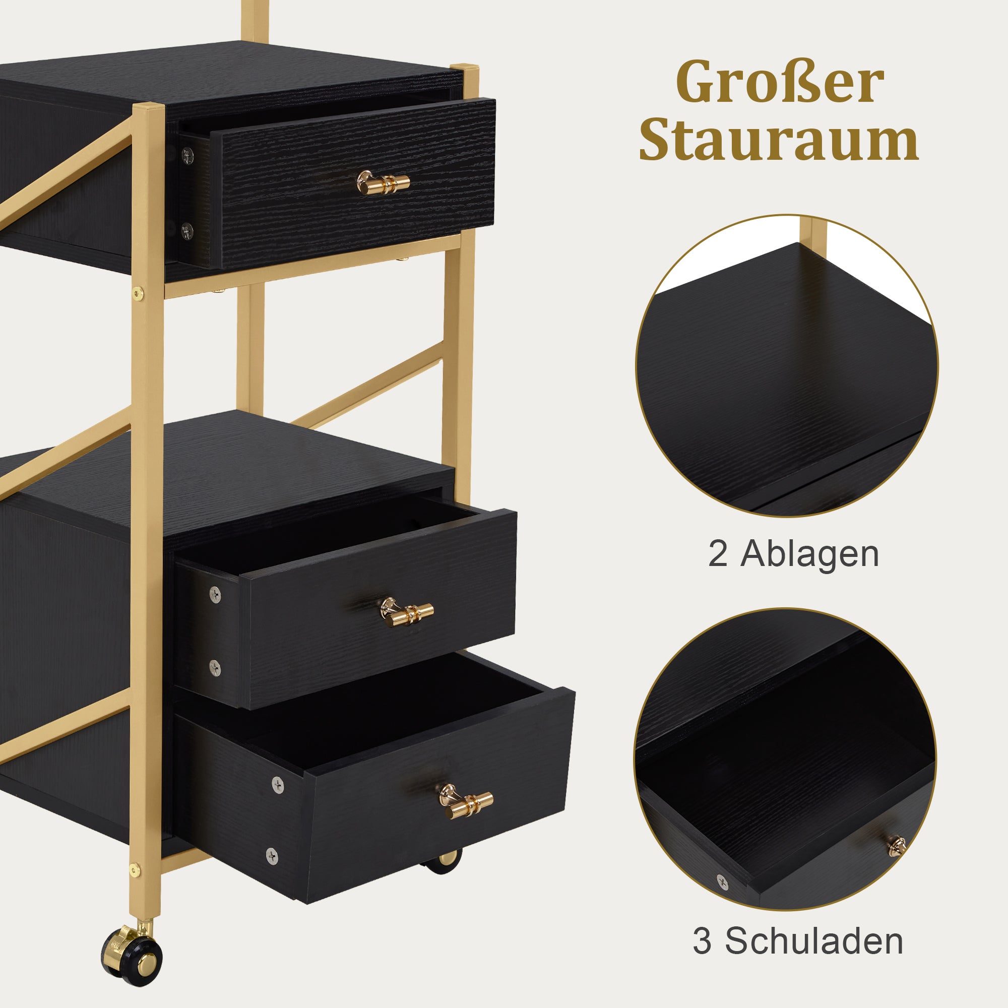 M MCombo Hairdressing Cart with Wheels & 3 Drawers, Rolling Serving Cart White-Gold, Salon Trolley with 2 Shelves & 2 Hairdryer Holders, Modern Work Cart for Bathroom Living Room, 30x40x97cm, 0048