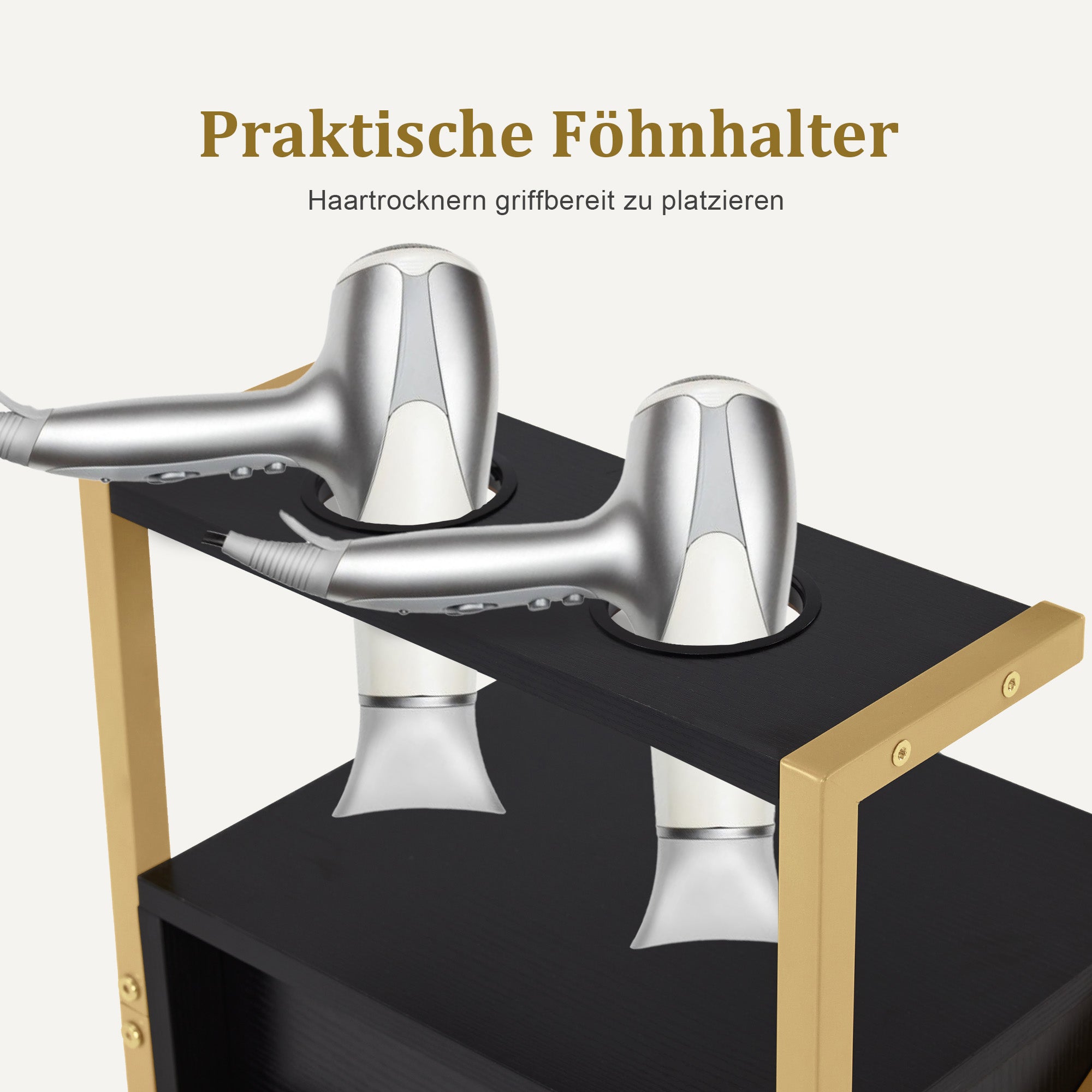 M MCombo Hairdressing Cart with Wheels & 3 Drawers, Rolling Serving Cart White-Gold, Salon Trolley with 2 Shelves & 2 Hairdryer Holders, Modern Work Cart for Bathroom Living Room, 30x40x97cm, 0048