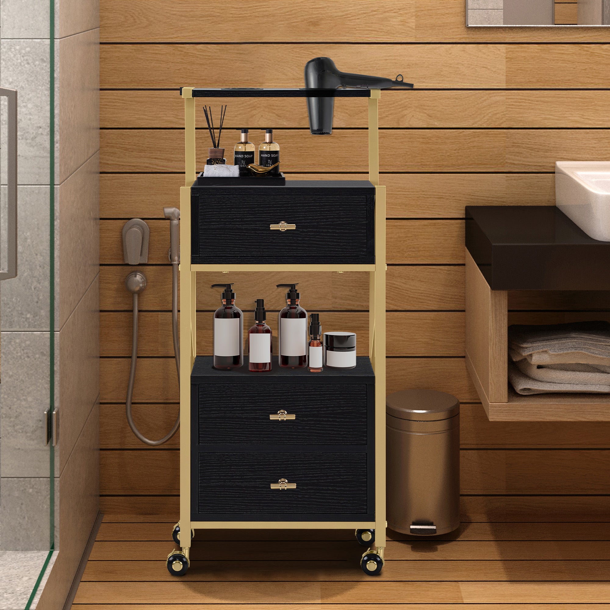 M MCombo Hairdressing Cart with Wheels & 3 Drawers, Rolling Serving Cart White-Gold, Salon Trolley with 2 Shelves & 2 Hairdryer Holders, Modern Work Cart for Bathroom Living Room, 30x40x97cm, 0048