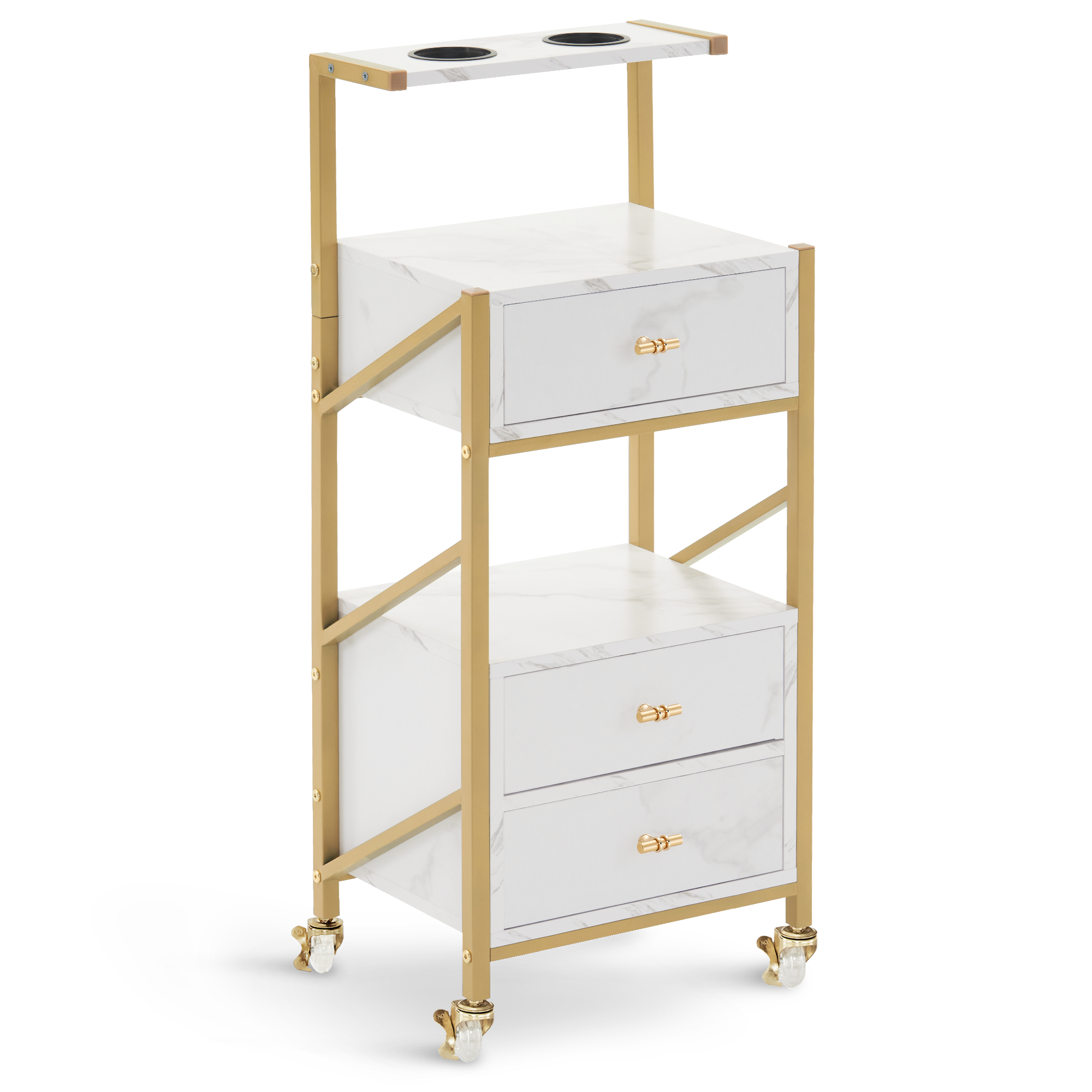 M MCombo Hairdressing Cart with Wheels & 3 Drawers, Rolling Serving Cart White-Gold, Salon Trolley with 2 Shelves & 2 Hairdryer Holders, Modern Work Cart for Bathroom Living Room, 30x40x97cm, 0048