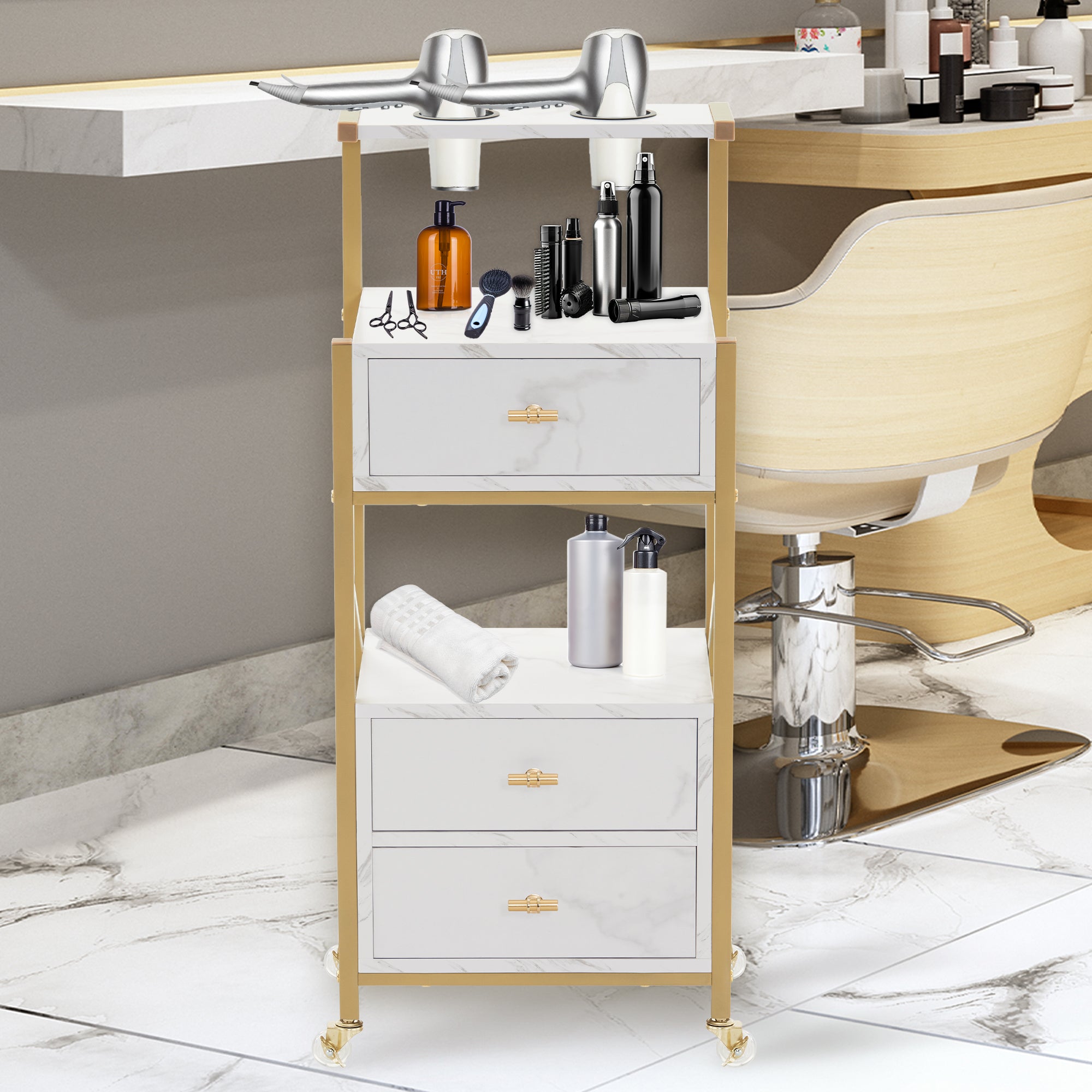 M MCombo Hairdressing Cart with Wheels & 3 Drawers, Rolling Serving Cart White-Gold, Salon Trolley with 2 Shelves & 2 Hairdryer Holders, Modern Work Cart for Bathroom Living Room, 30x40x97cm, 0048