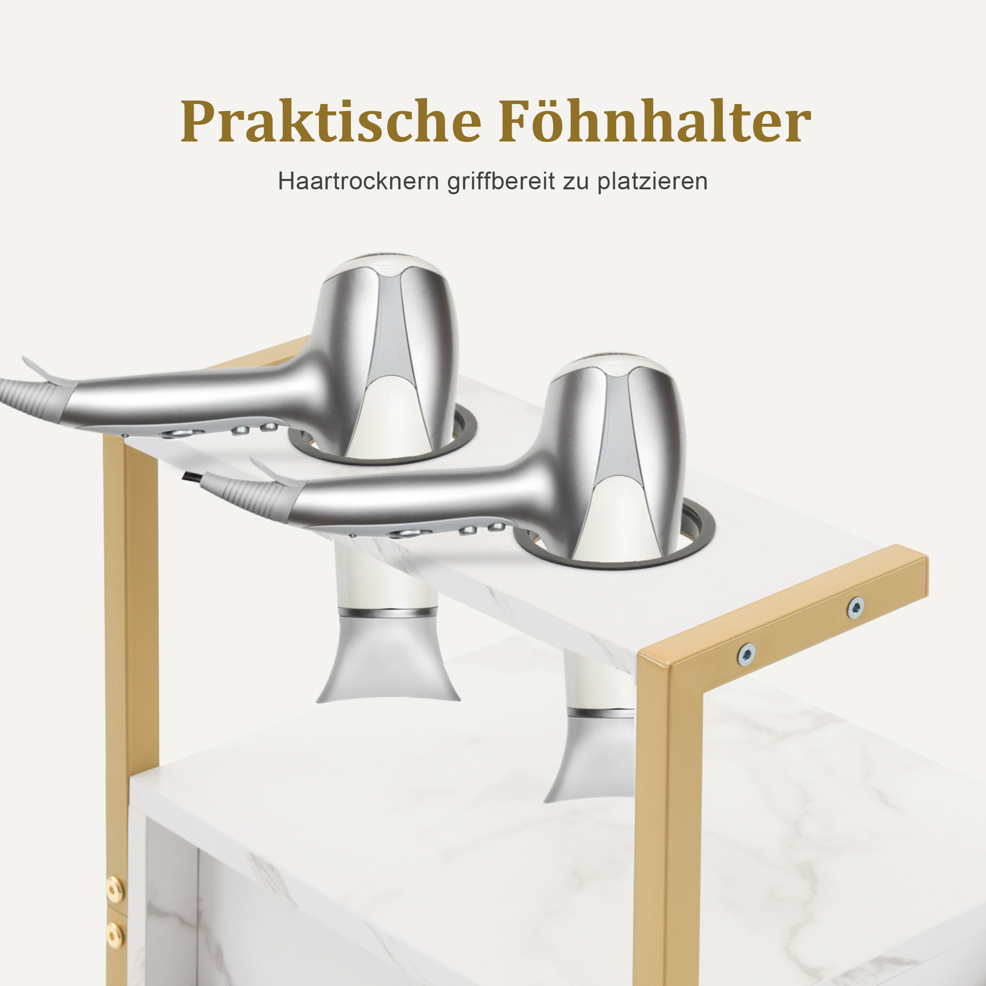 M MCombo Hairdressing Cart with Wheels & 3 Drawers, Rolling Serving Cart White-Gold, Salon Trolley with 2 Shelves & 2 Hairdryer Holders, Modern Work Cart for Bathroom Living Room, 30x40x97cm, 0048