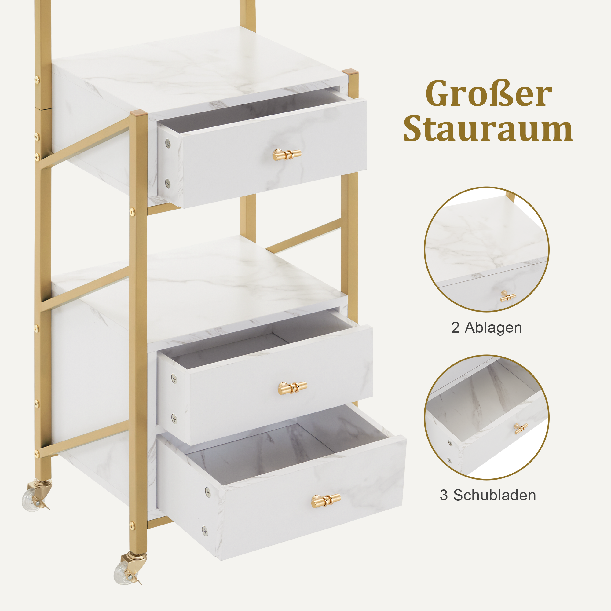 M MCombo Hairdressing Cart with Wheels & 3 Drawers, Rolling Serving Cart White-Gold, Salon Trolley with 2 Shelves & 2 Hairdryer Holders, Modern Work Cart for Bathroom Living Room, 30x40x97cm, 0048