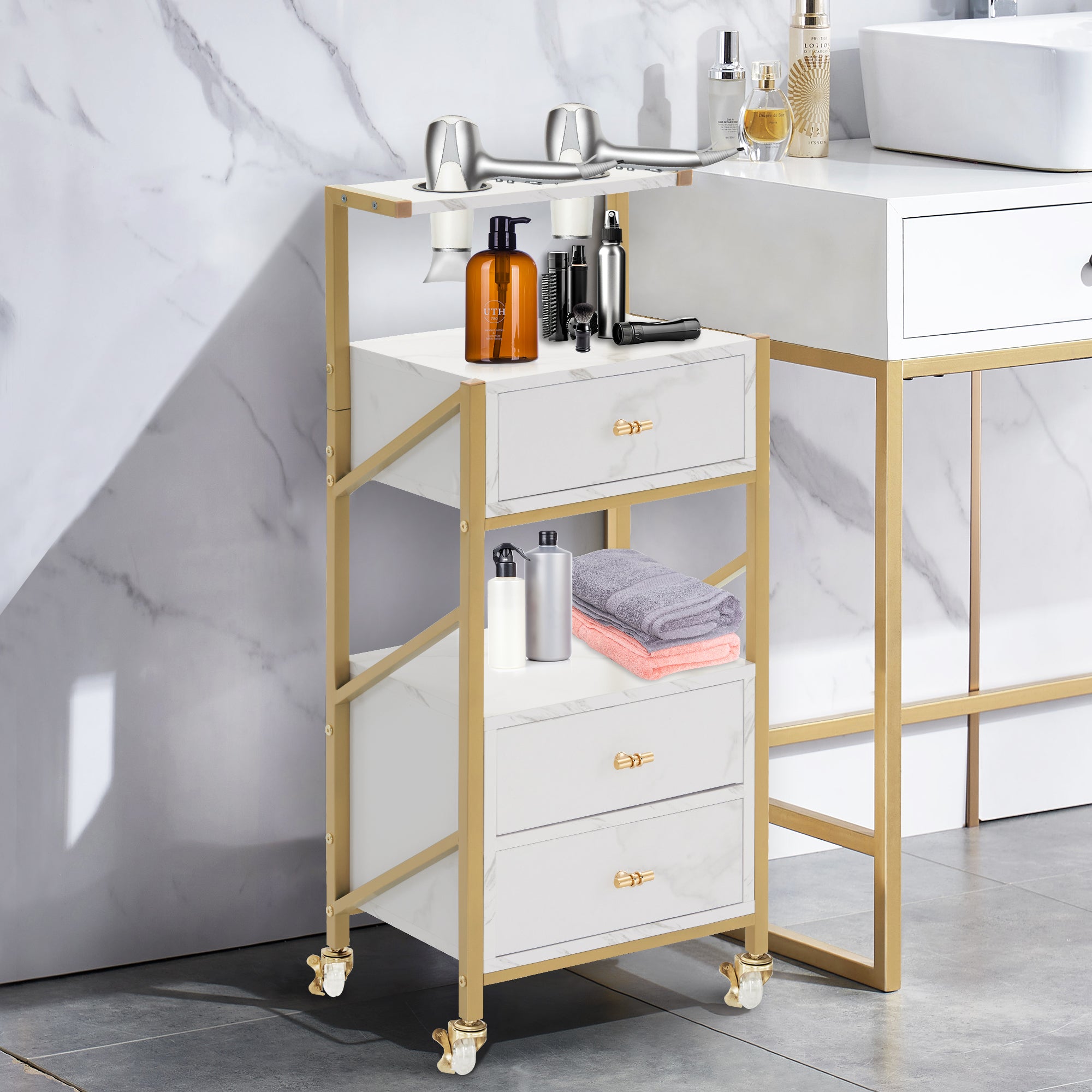M MCombo Hairdressing Cart with Wheels & 3 Drawers, Rolling Serving Cart White-Gold, Salon Trolley with 2 Shelves & 2 Hairdryer Holders, Modern Work Cart for Bathroom Living Room, 30x40x97cm, 0048