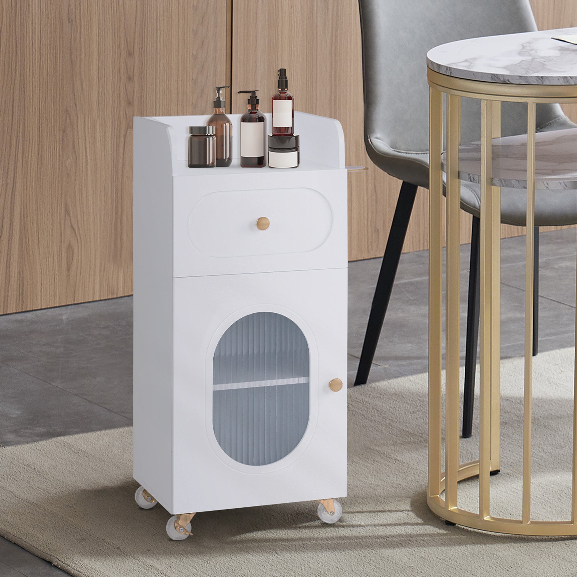 M MCombo Friseurwagen mit Rollen & Schubladen, Rollwagen Servierwagen Weiß, Salon Trolley mit 3 Ablagen & Föhnhalter, Moderner Arbeitswagen für Bad Wohnzimmer, 31,4x37x85,5 cm, 0051