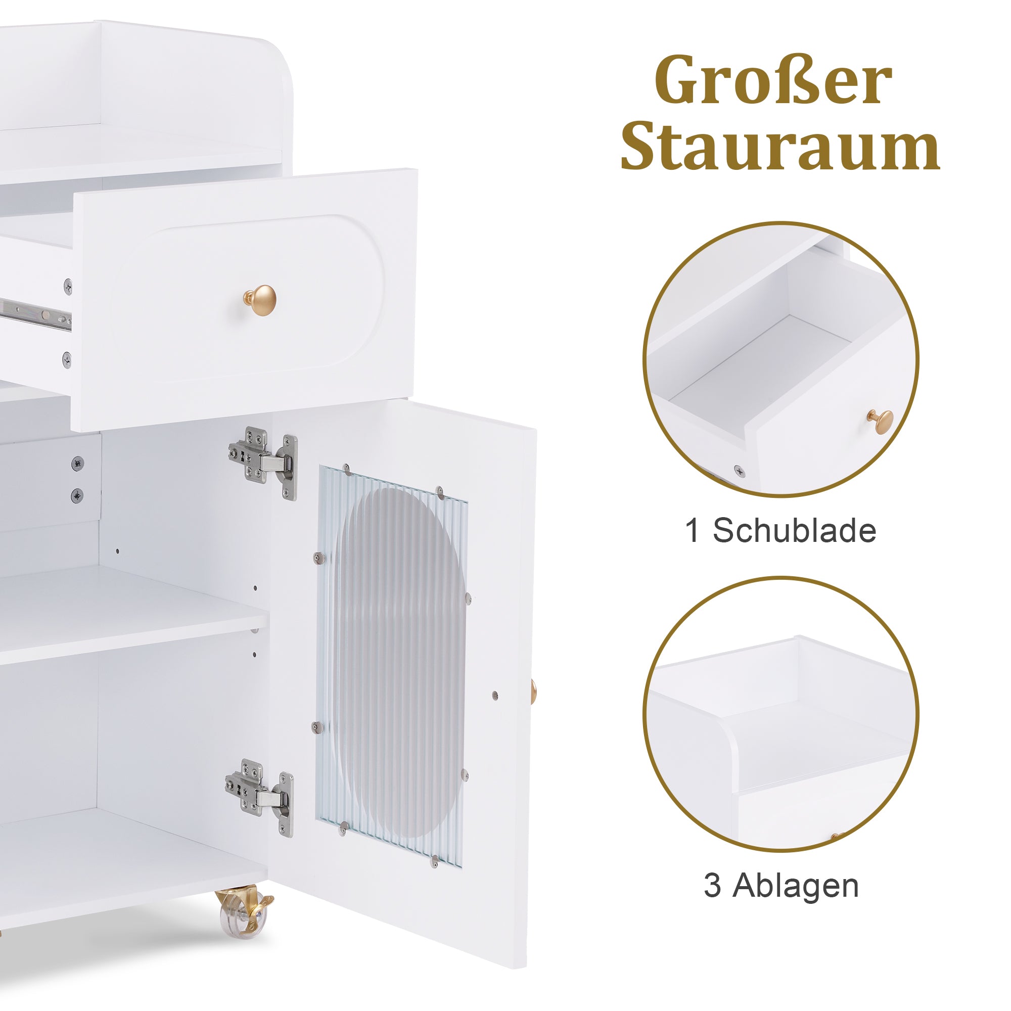 M MCombo Friseurwagen mit Rollen & Schubladen, Rollwagen Servierwagen Weiß, Salon Trolley mit 3 Ablagen & Föhnhalter, Moderner Arbeitswagen für Bad Wohnzimmer, 31,4x37x85,5 cm, 0051