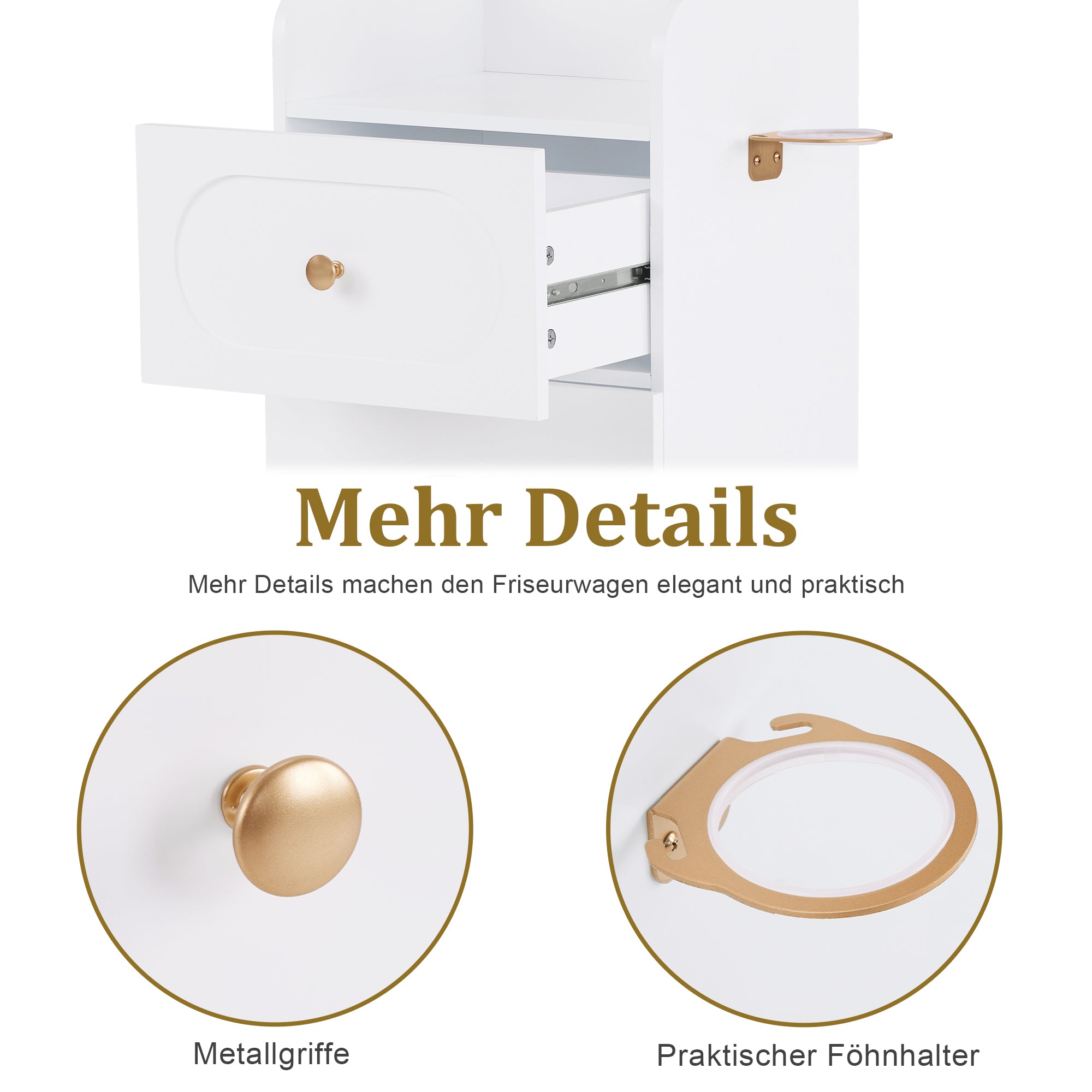 M MCombo Friseurwagen mit Rollen & Schubladen, Rollwagen Servierwagen Weiß, Salon Trolley mit 3 Ablagen & Föhnhalter, Moderner Arbeitswagen für Bad Wohnzimmer, 31,4x37x85,5 cm, 0051