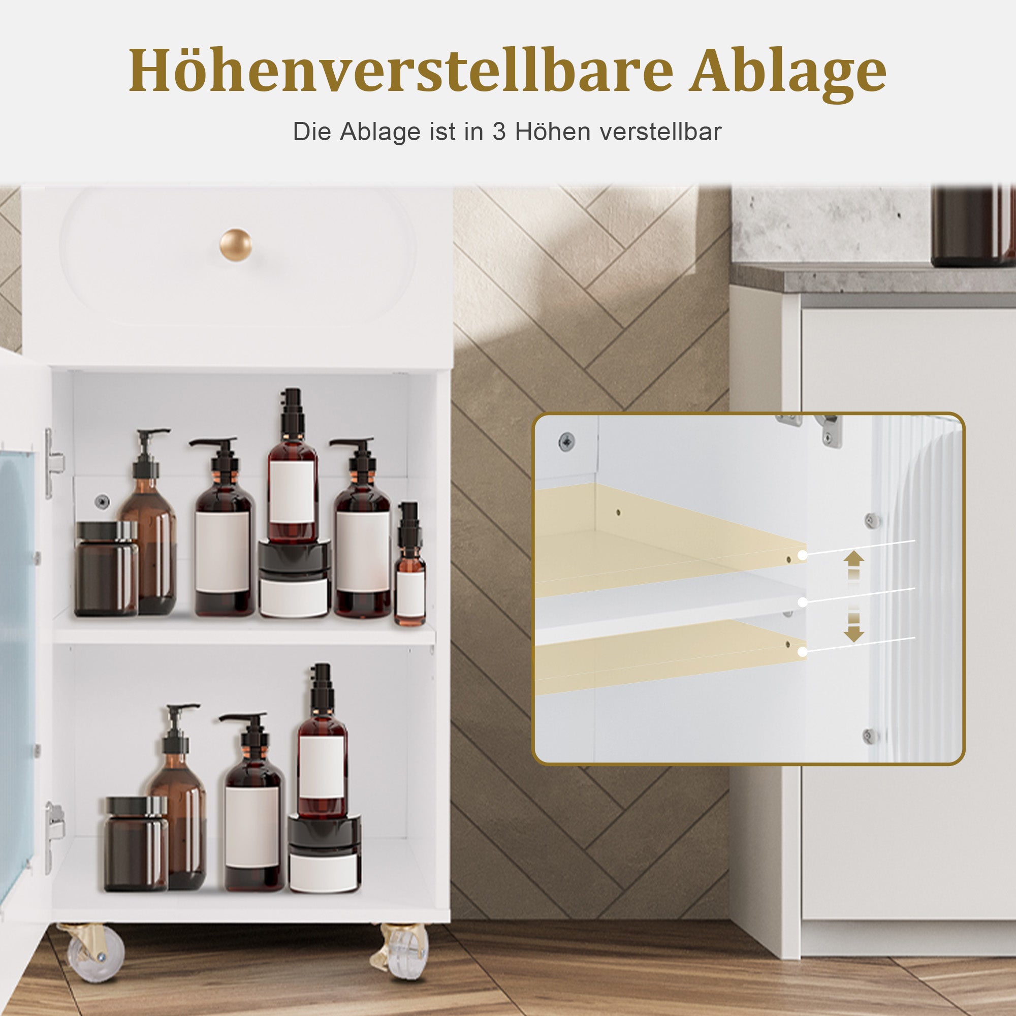 M MCombo Friseurwagen mit Rollen & Schubladen, Rollwagen Servierwagen Weiß, Salon Trolley mit 3 Ablagen & Föhnhalter, Moderner Arbeitswagen für Bad Wohnzimmer, 31,4x37x85,5 cm, 0051