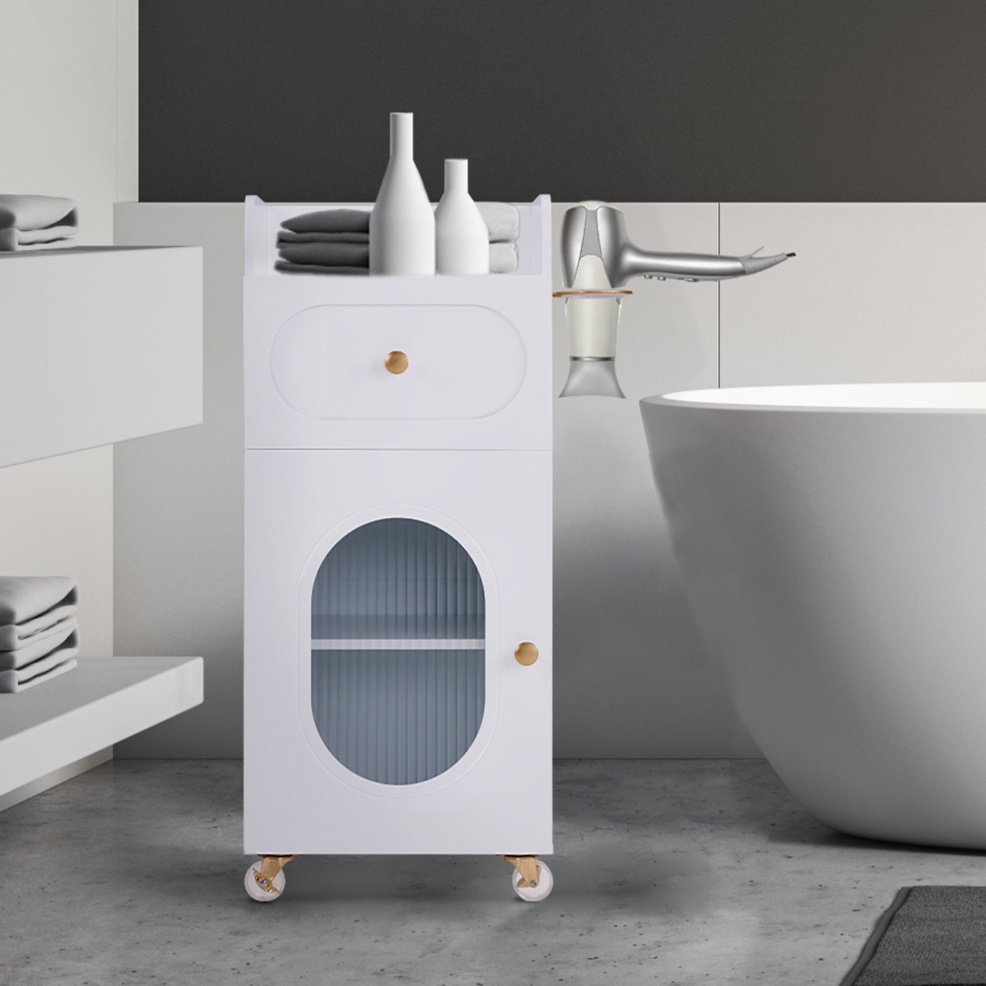 M MCombo Friseurwagen mit Rollen & Schubladen, Rollwagen Servierwagen Weiß, Salon Trolley mit 3 Ablagen & Föhnhalter, Moderner Arbeitswagen für Bad Wohnzimmer, 31,4x37x85,5 cm, 0051