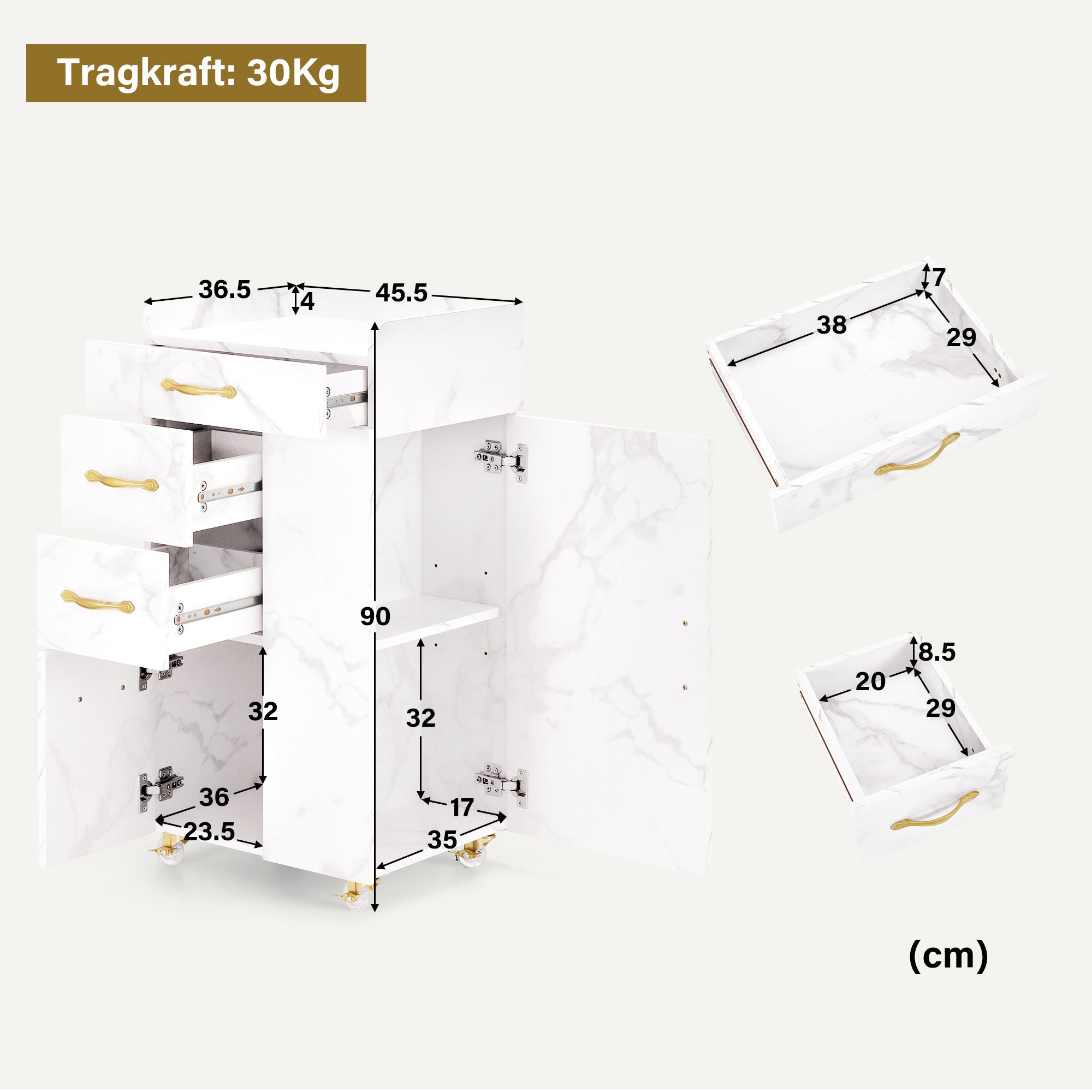 M MCombo Beauty Salon Trolley mit 3 Schubladen & 2 Schränken, mit 3 Föhnhaltern, Rollwagen Servierwagen für Schönheitssalon, Friseur Arbeitswagen, 39x58x90cm, 0065 (Weiß-Gold)