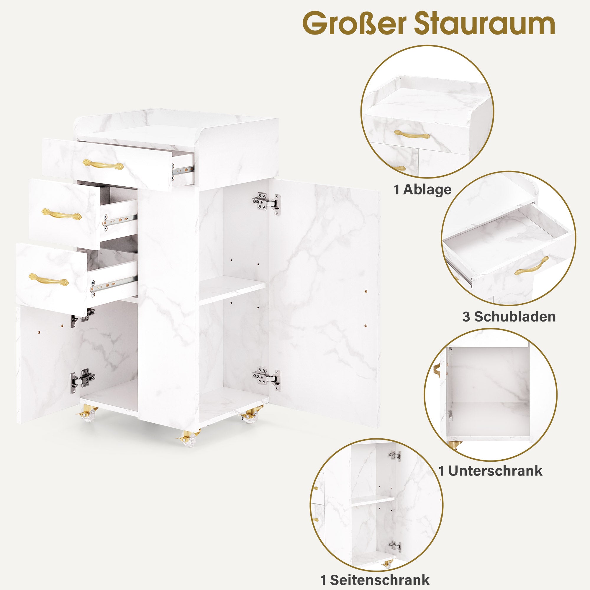 M MCombo Beauty Salon Trolley mit 3 Schubladen & 2 Schränken, mit 3 Föhnhaltern, Rollwagen Servierwagen für Schönheitssalon, Friseur Arbeitswagen, 39x58x90cm, 0065 (Weiß-Gold)